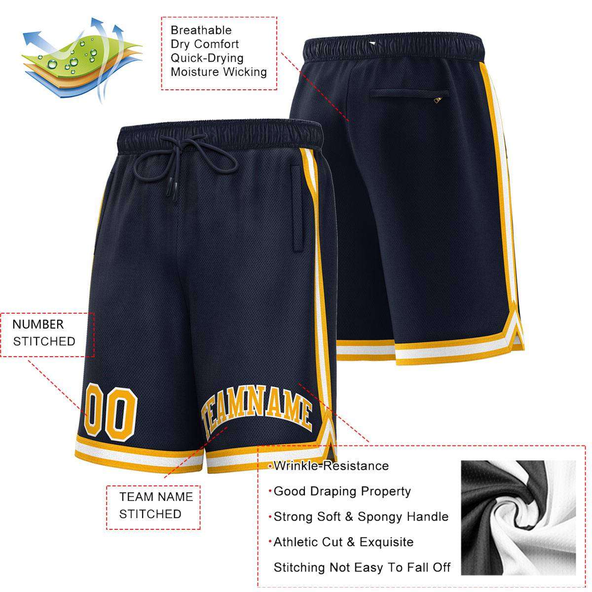 Short de basket-ball sport personnalisé bleu marine or-blanc