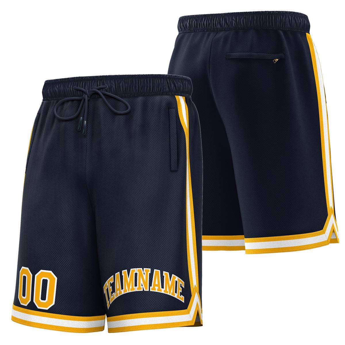 Short de basket-ball sport personnalisé bleu marine or-blanc