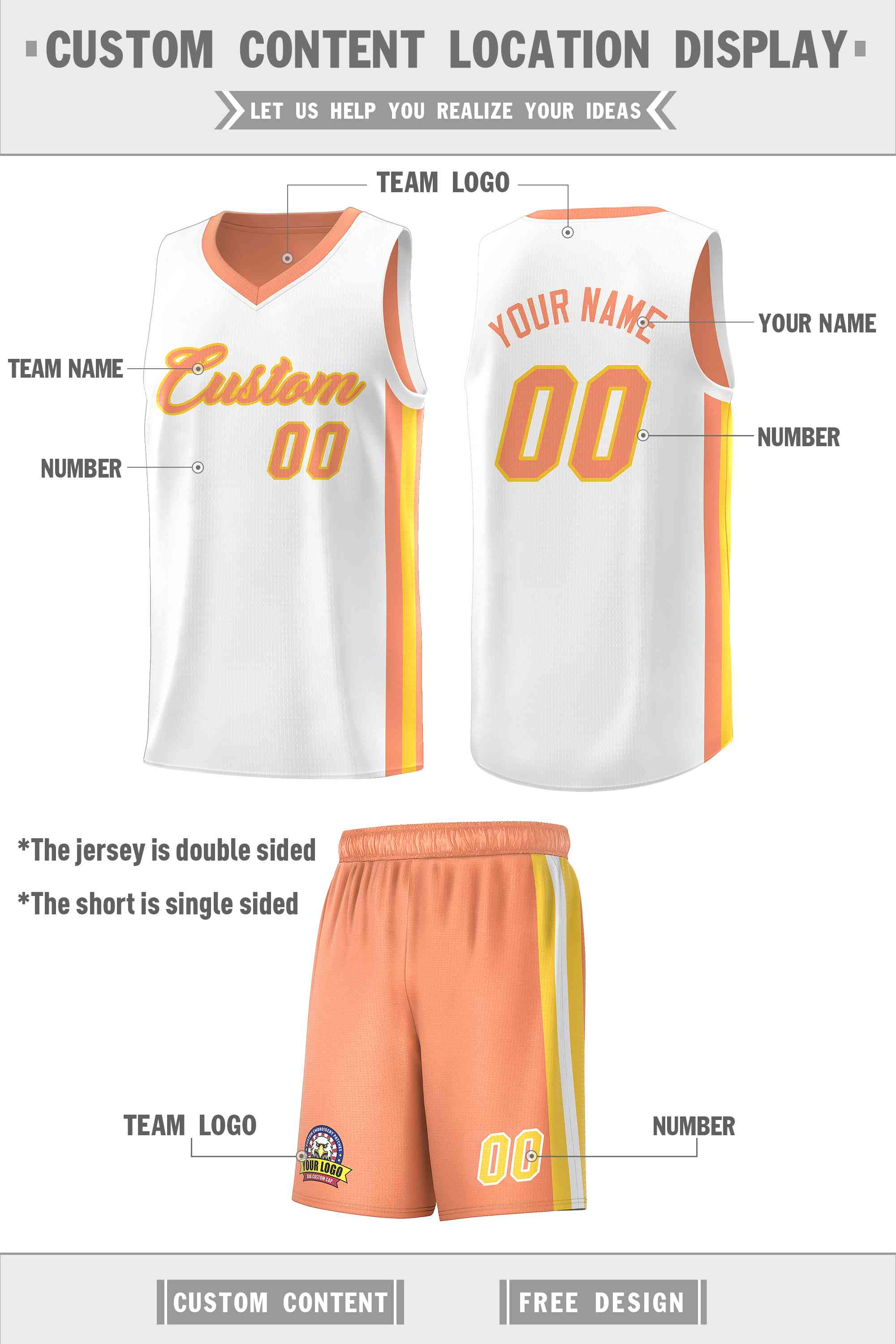 Maillot de basket-ball personnalisé pour hommes, ensemble Double face blanc Orange-jaune