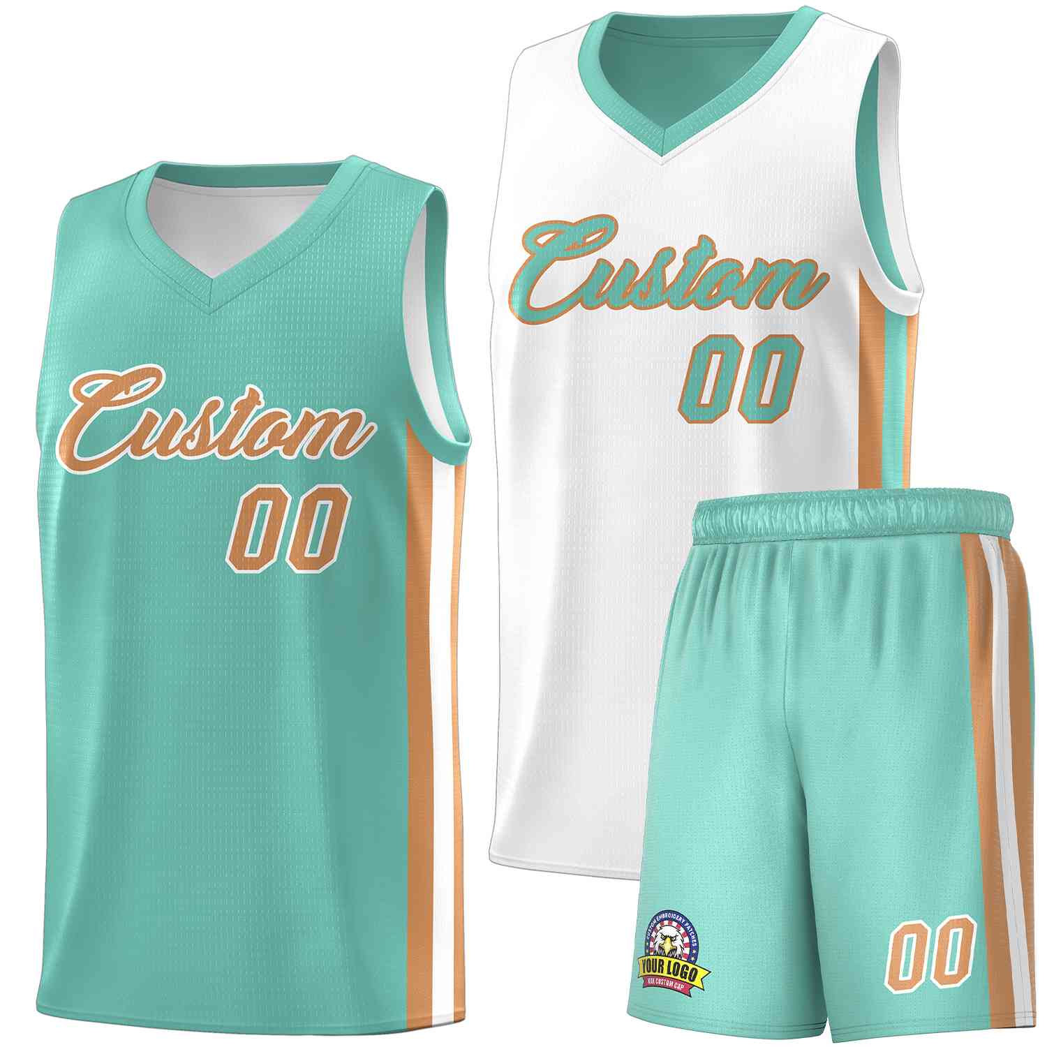 Maillot de basket-ball pour hommes, ensemble Double face blanc Aqua-Old Gold personnalisé