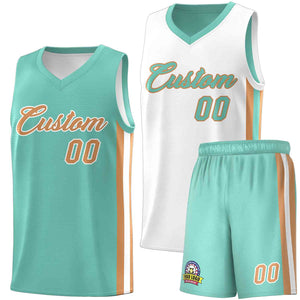 Custom White Aqua-Old Gold Double Side Sets Men Basketball Jersey