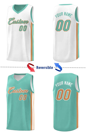 Custom White Aqua-Old Gold Double Side Sets Men Basketball Jersey