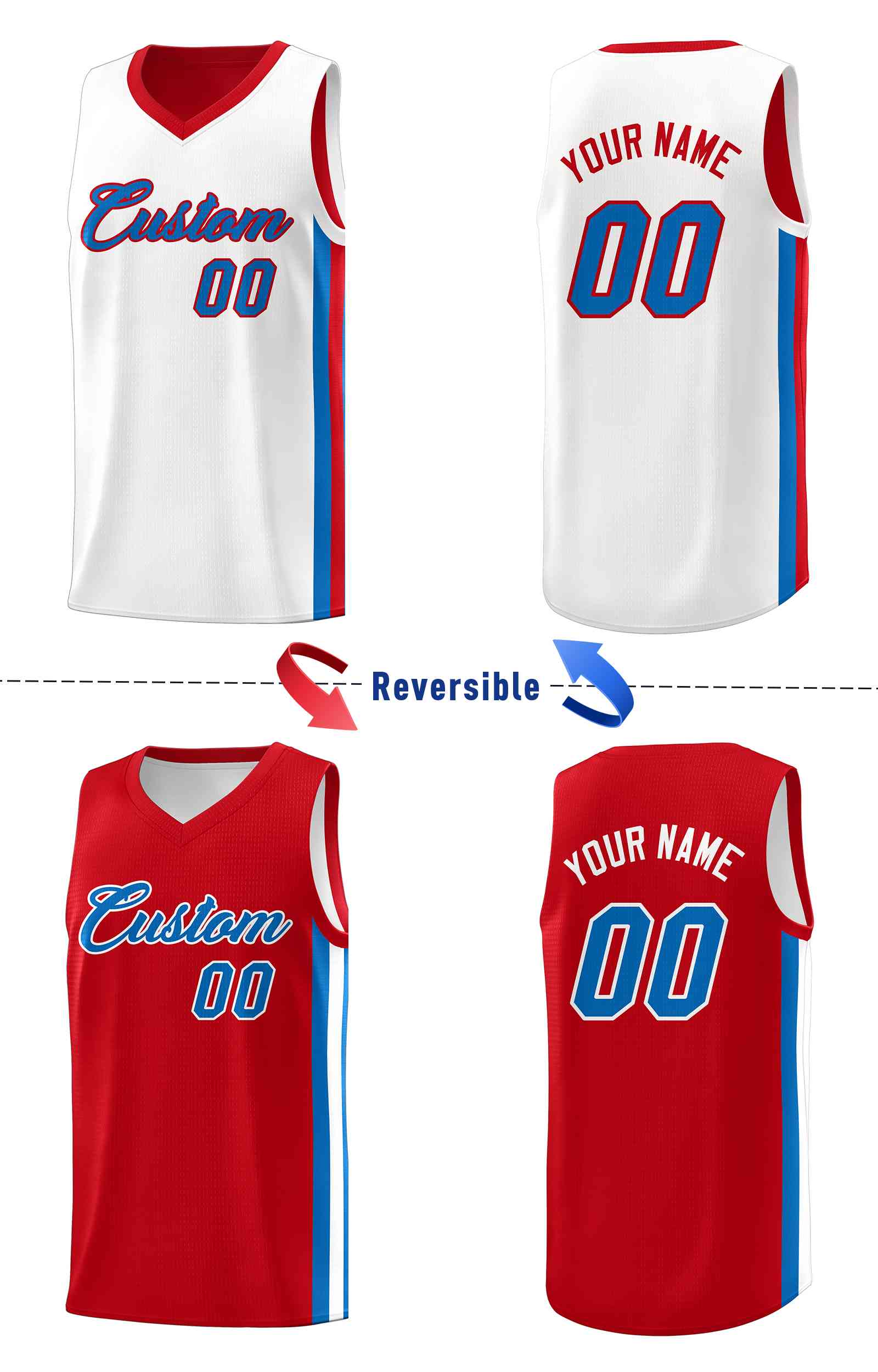 Custom Red White-Royal Double Side Sets Men Basketball Jersey