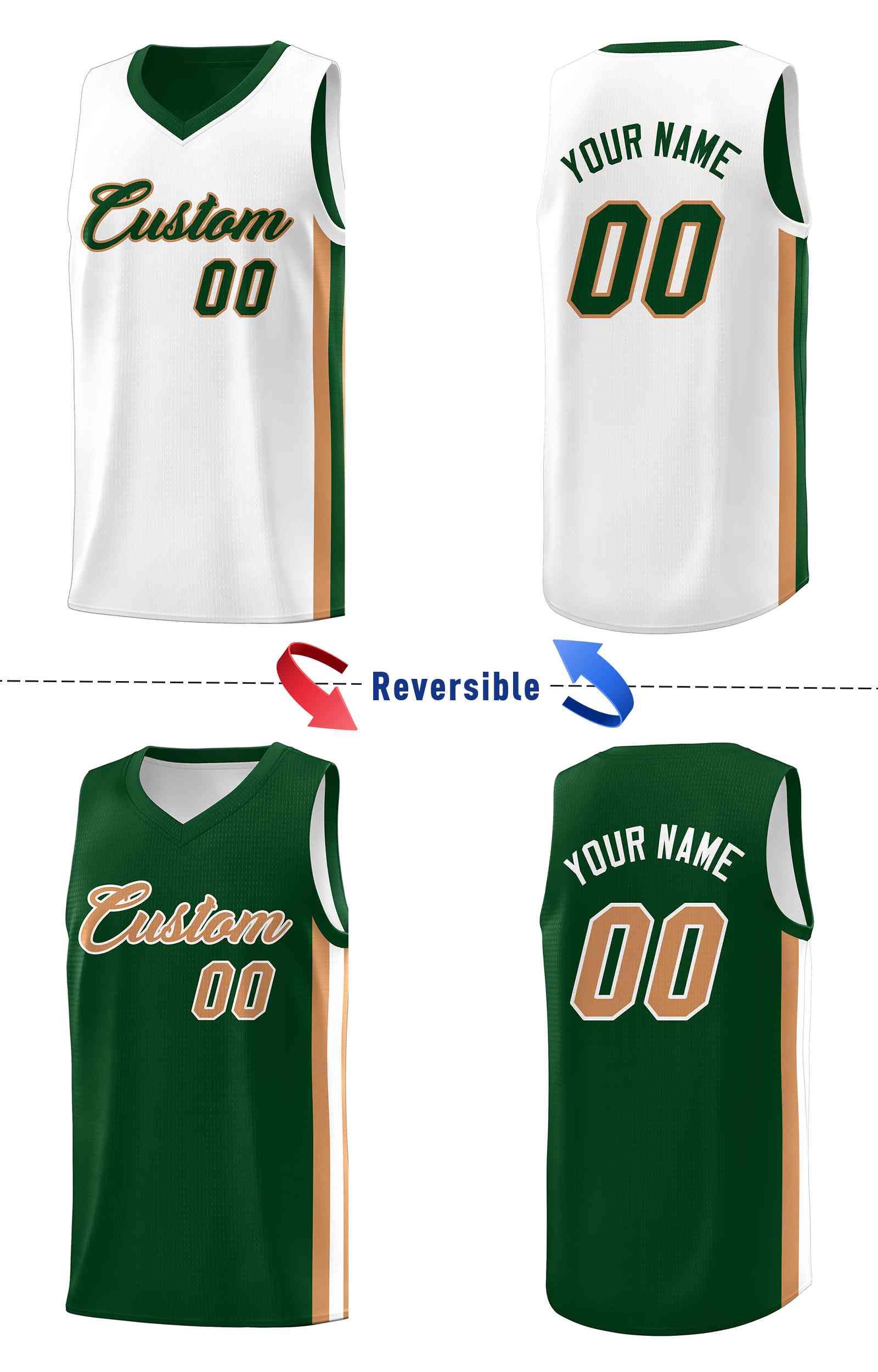 Custom Green White-Old Gold Double Side Sets Men Basketball Jersey