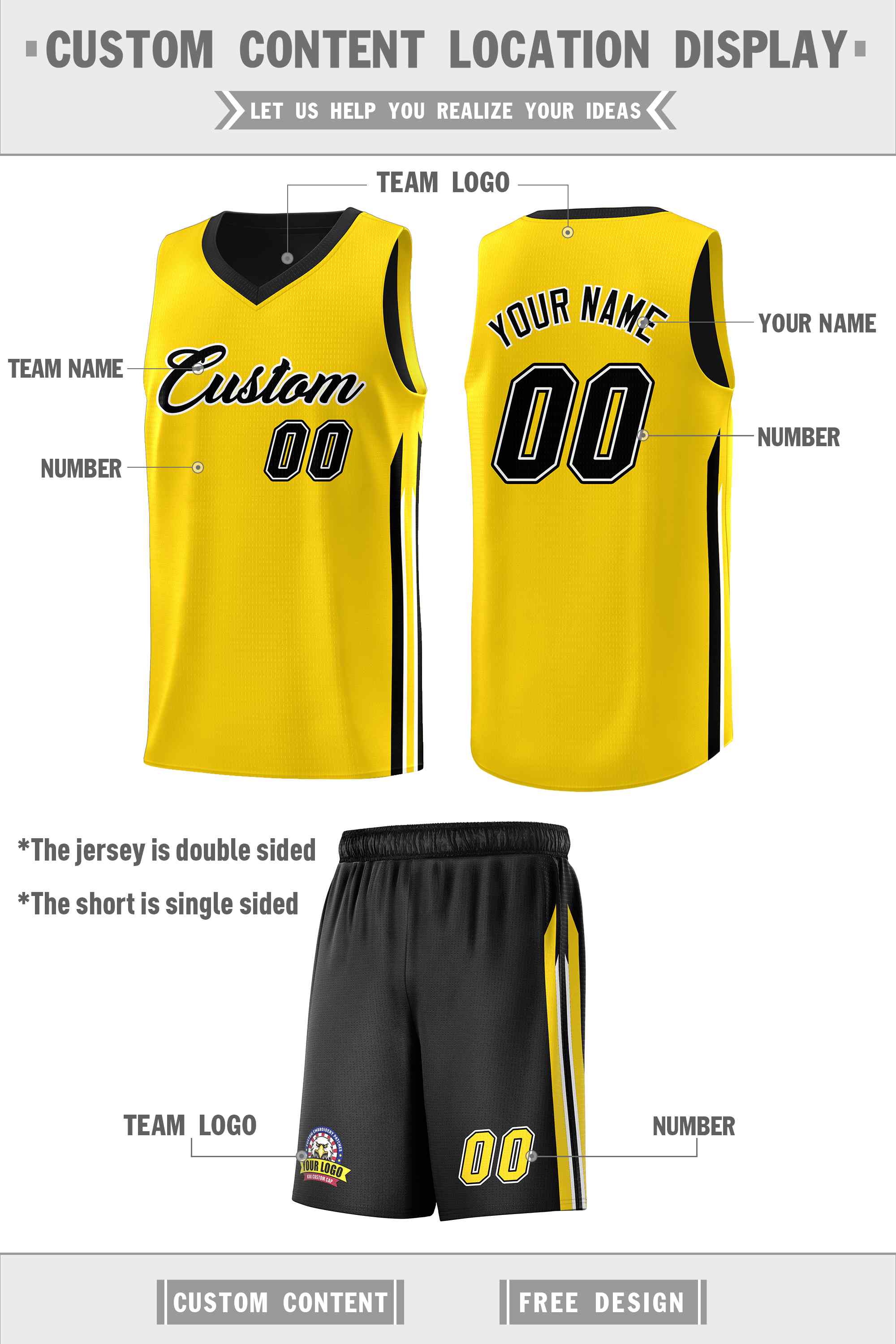 Le double côté jaune noir fait sur commande place le maillot de basket-ball d'hommes