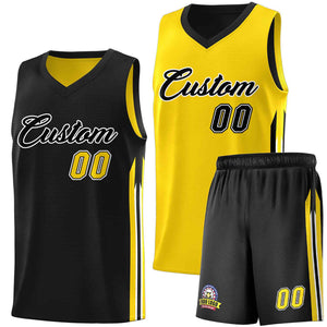 Le double côté jaune noir fait sur commande place le maillot de basket-ball d'hommes