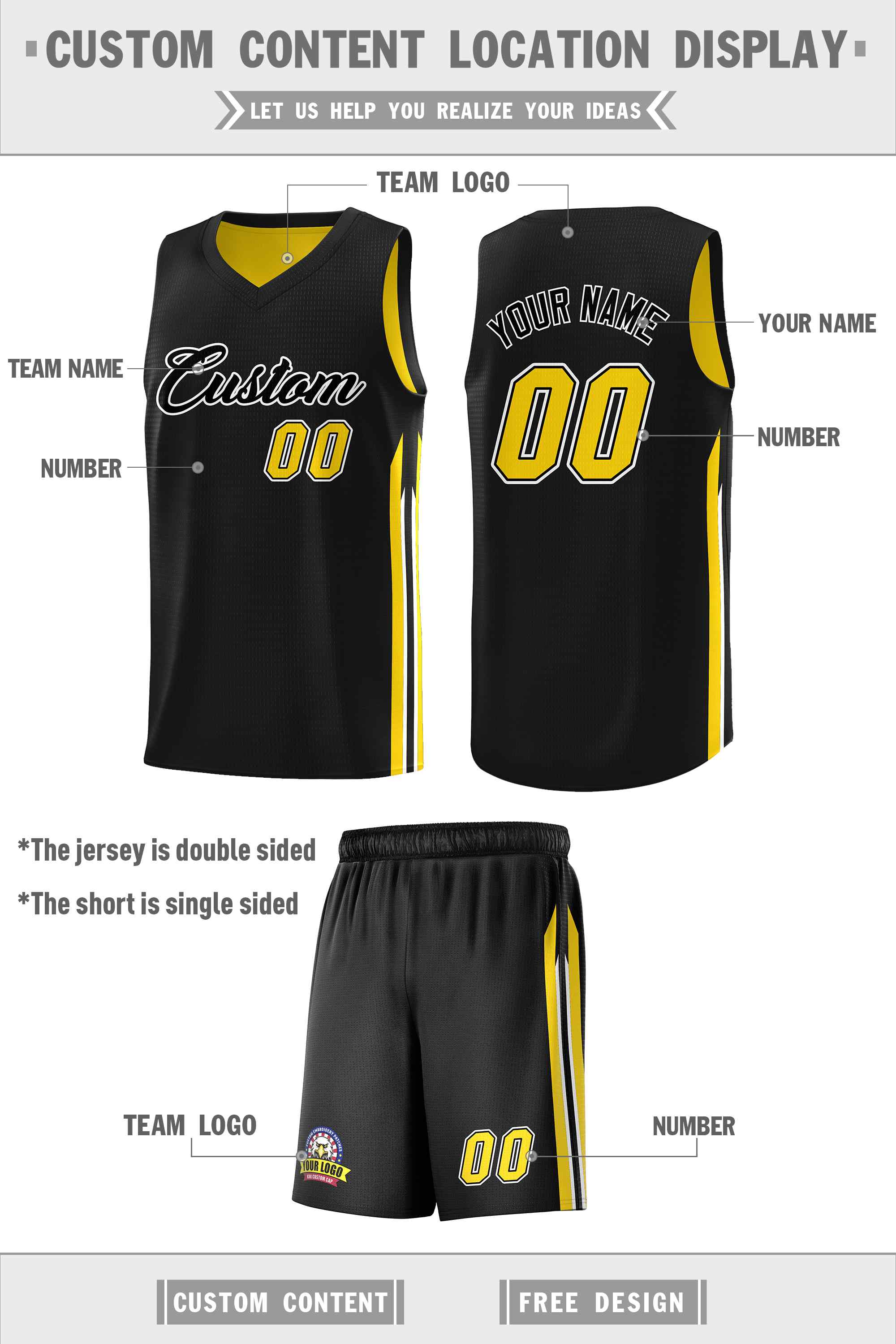 Le double côté jaune noir fait sur commande place le maillot de basket-ball d'hommes