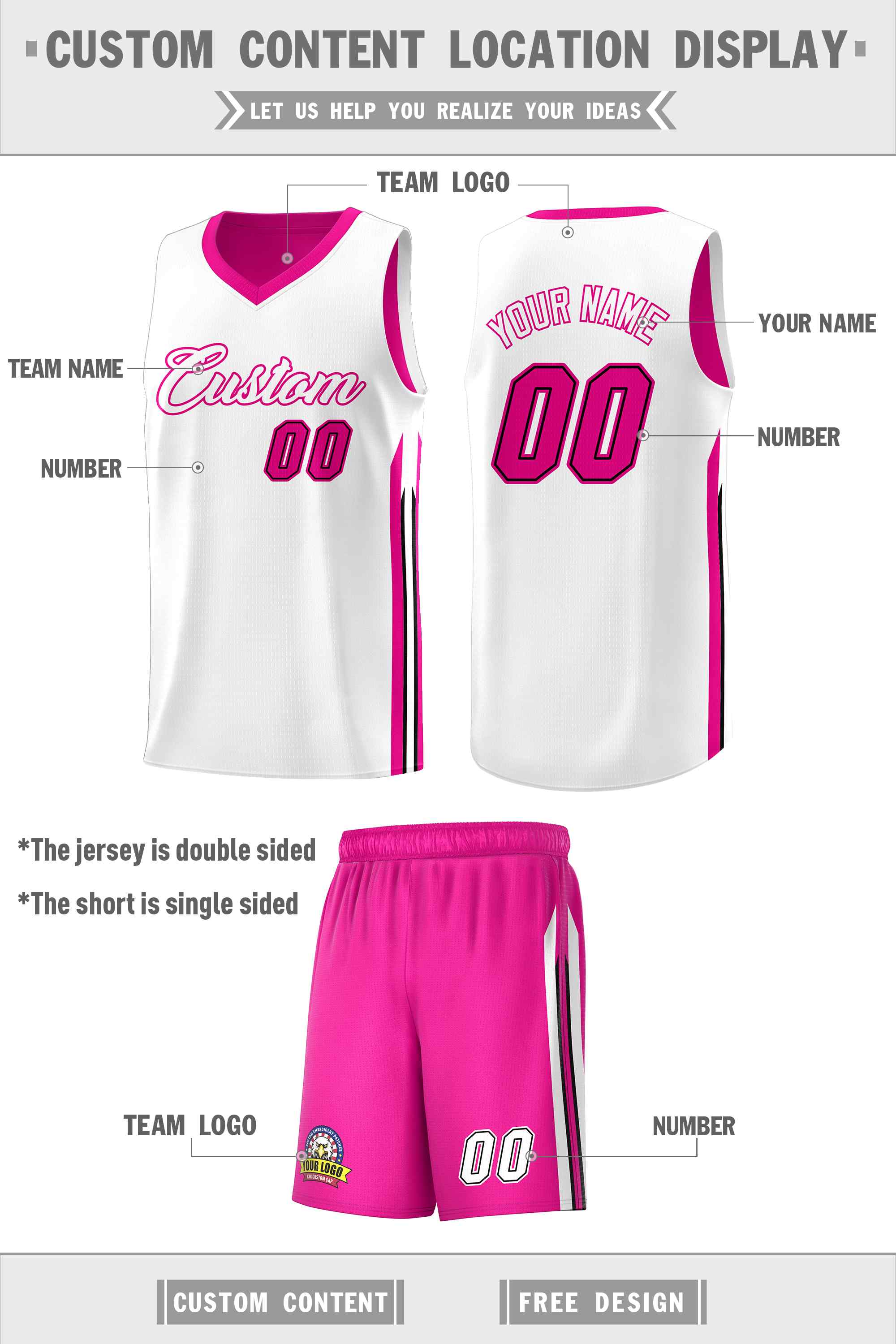 Custom Pink White Double Side Sets Men Basketball Jersey