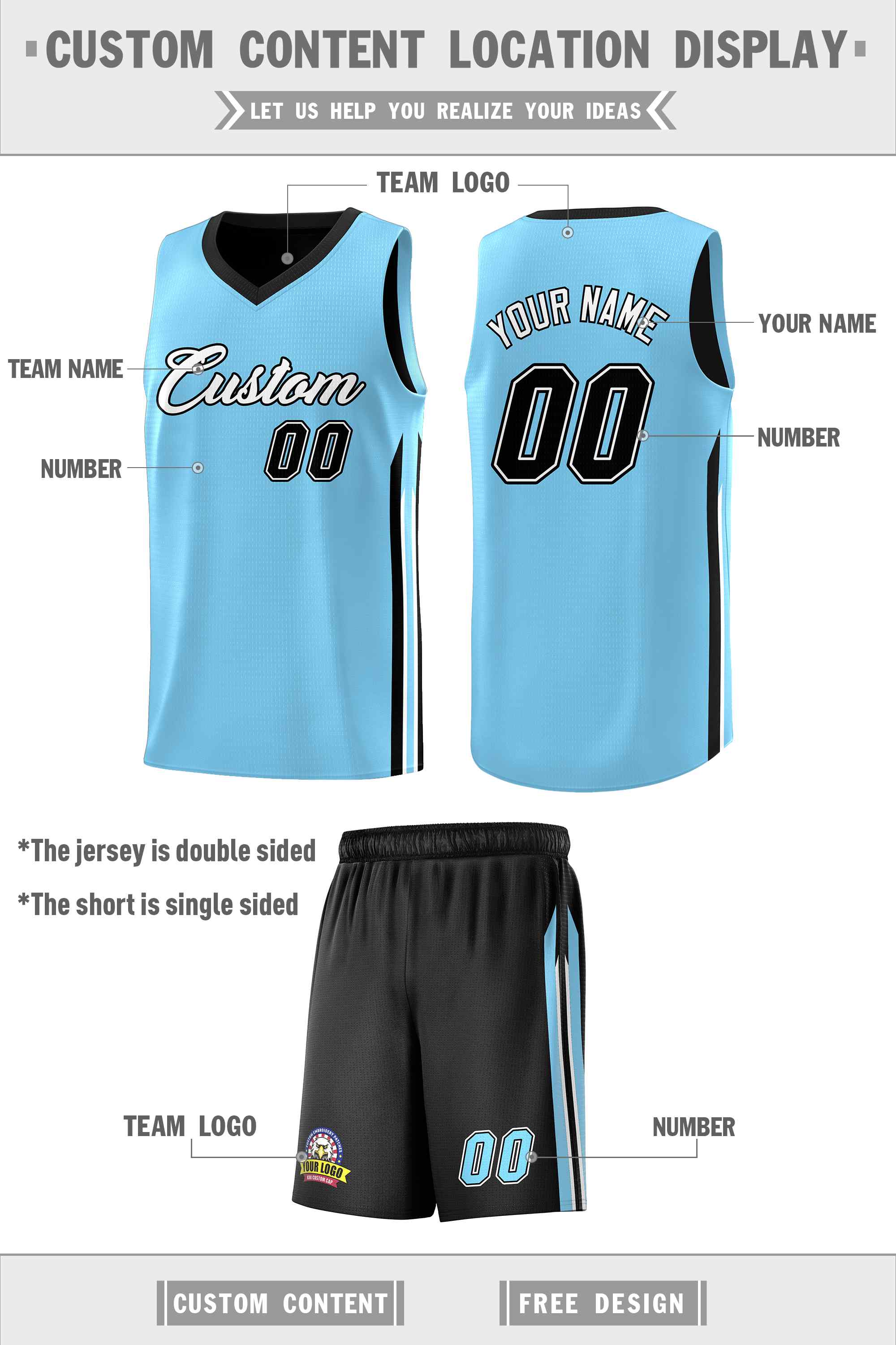 Custom Black Light Blue-White Double Side Sets Men Basketball Jersey