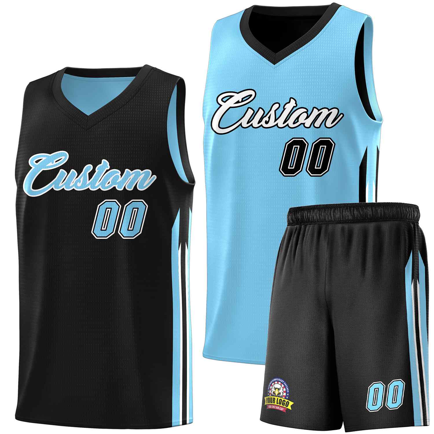 Custom Black Light Blue-White Double Side Sets Men Basketball Jersey