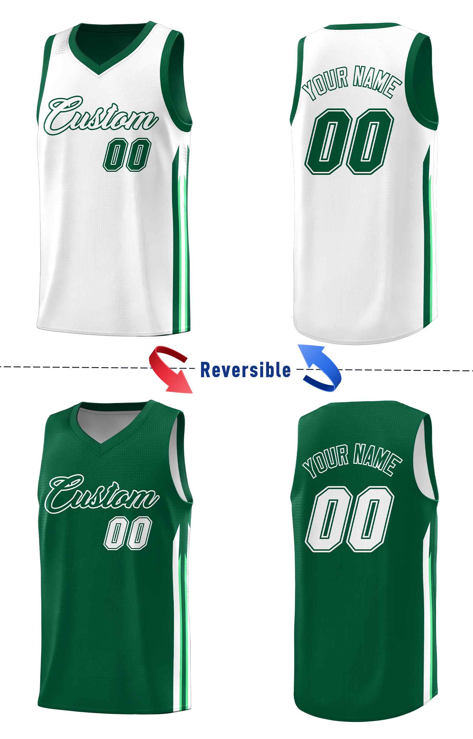 Le double côté blanc vert personnalisé définit le maillot de basket-ball pour hommes