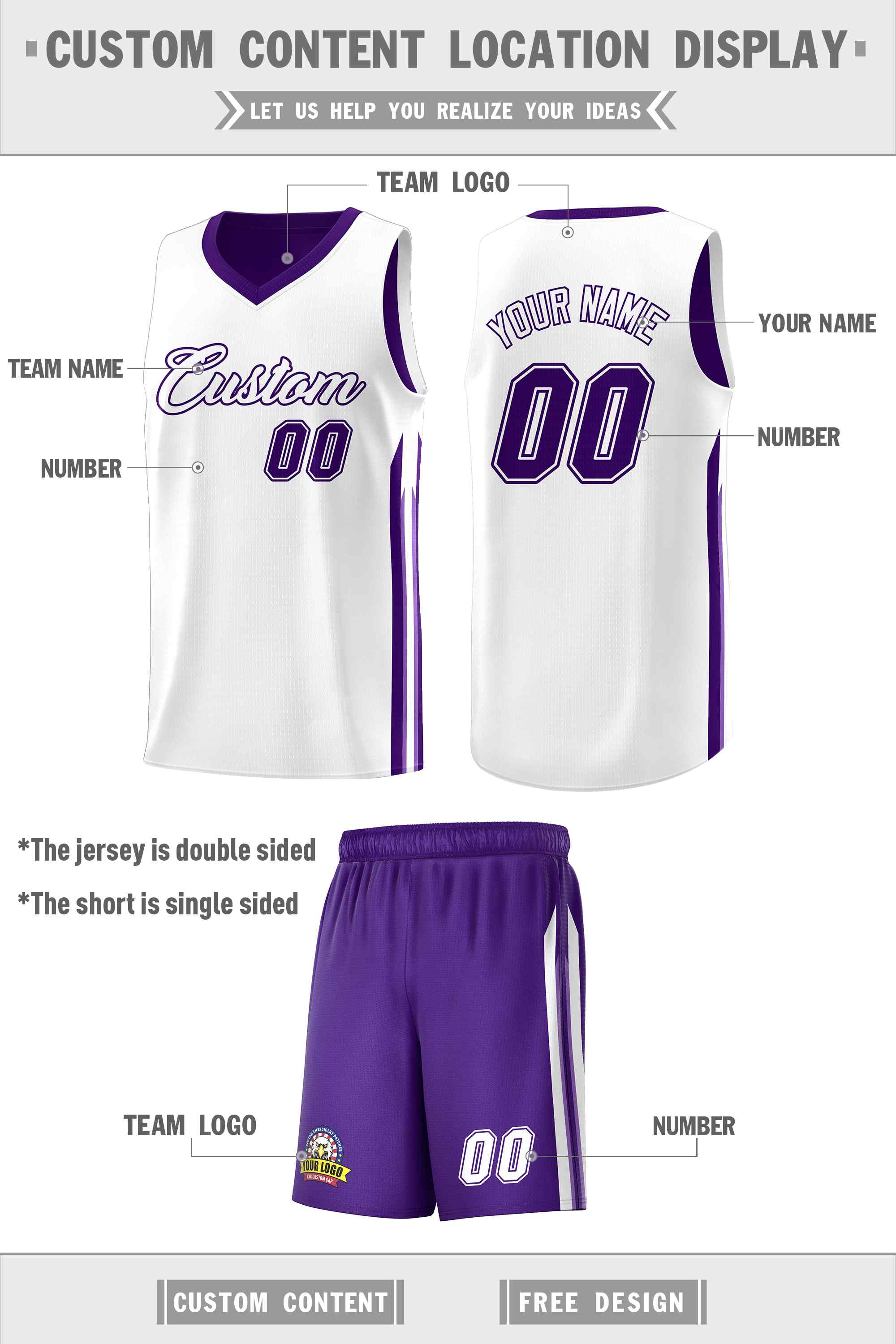 Maillot de basket-ball personnalisé pour hommes, ensemble Double face violet et blanc