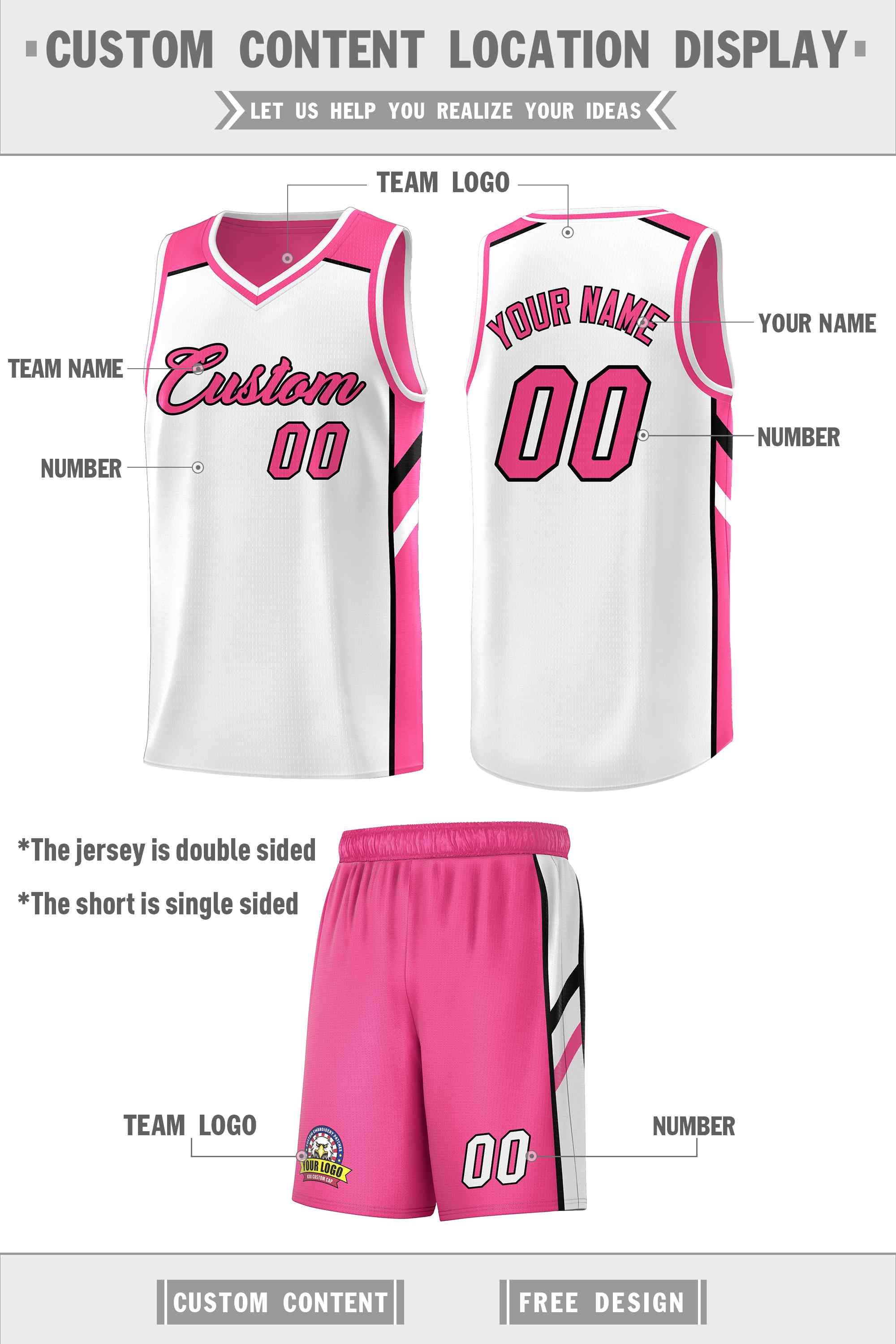 Maillot de basket-ball personnalisé pour hommes, ensemble Double face rose et blanc