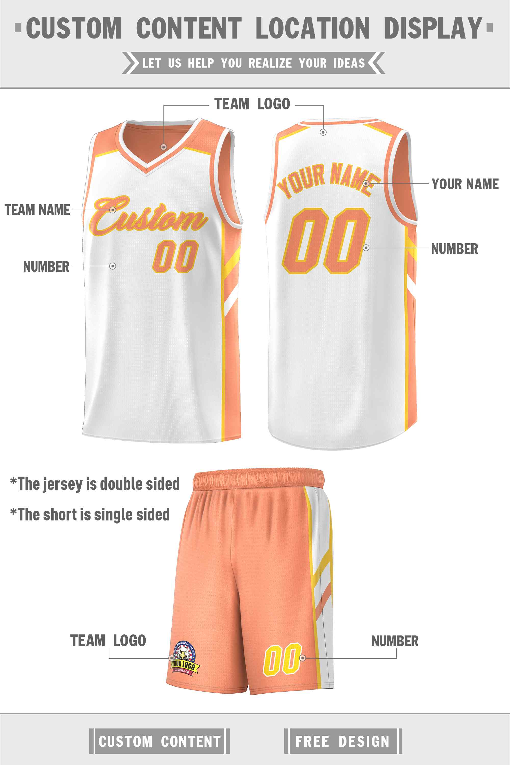 Maillot de basket-ball personnalisé Orange blanc-jaune Double face pour hommes