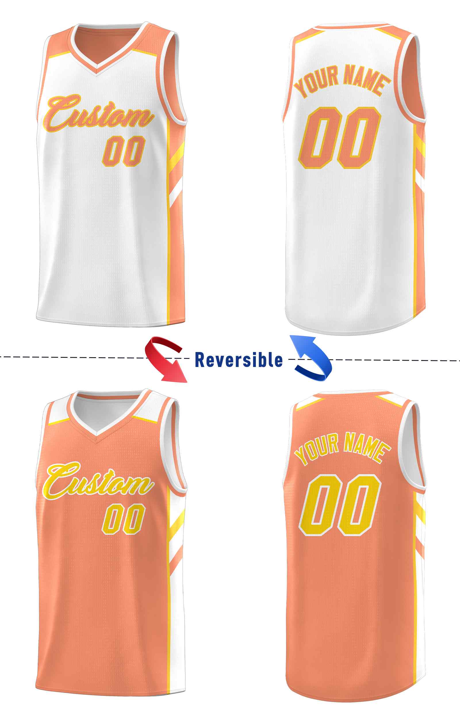 Maillot de basket-ball personnalisé Orange blanc-jaune Double face pour hommes