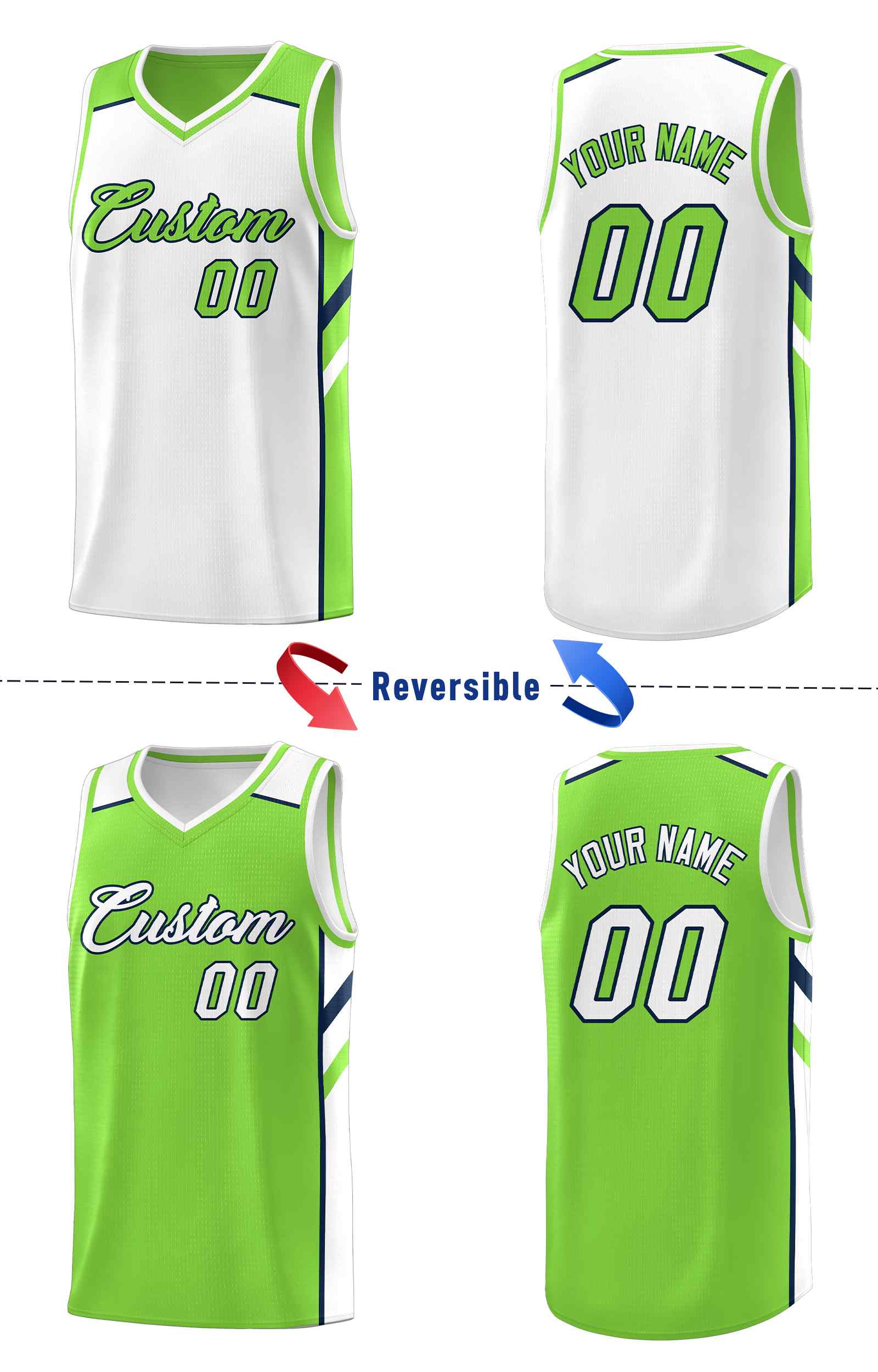 Maillot de basket-ball personnalisé pour hommes, ensemble Double face, vert néon, blanc