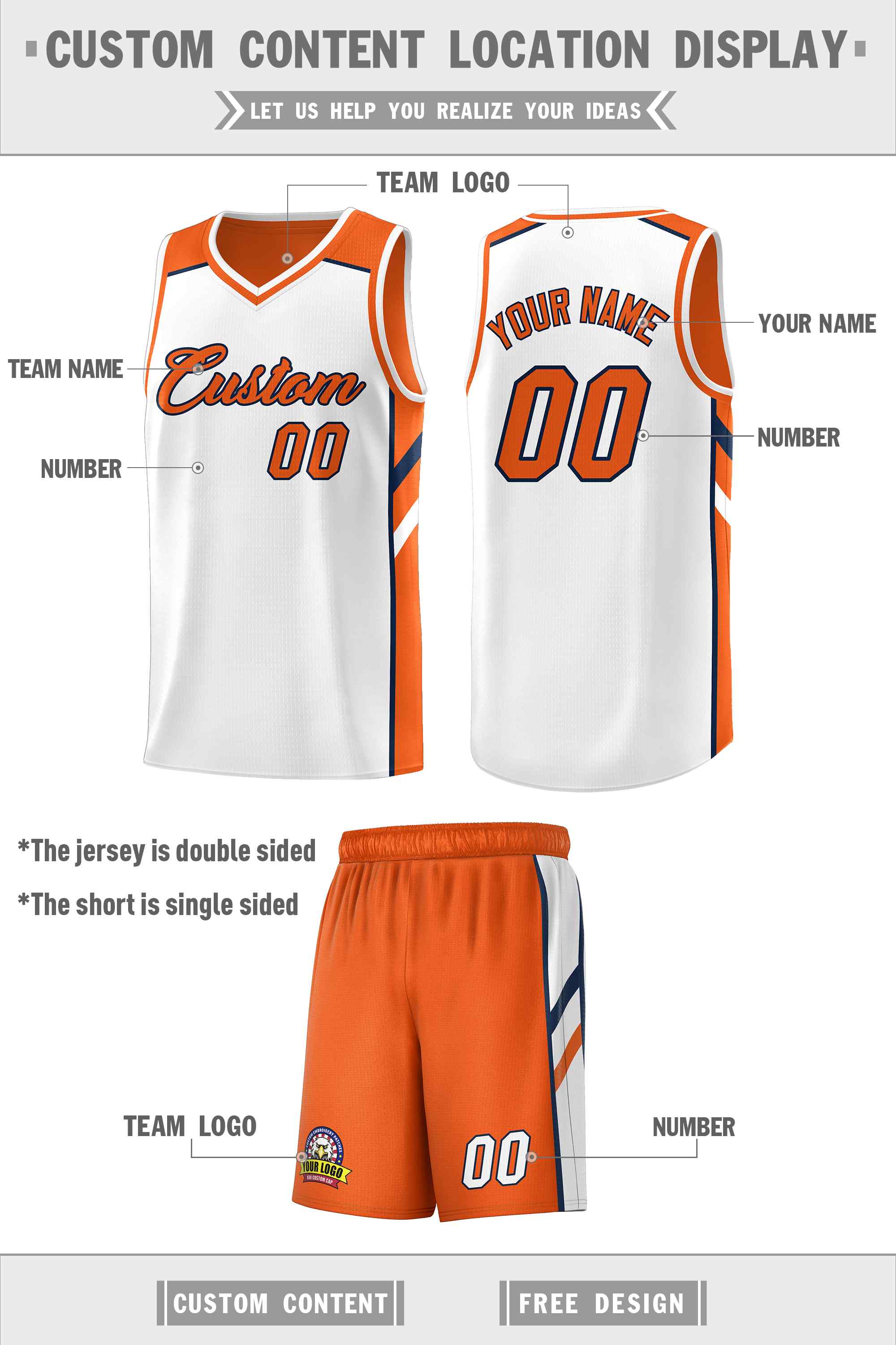 Le double côté blanc orange fait sur commande place le maillot de basket-ball des hommes