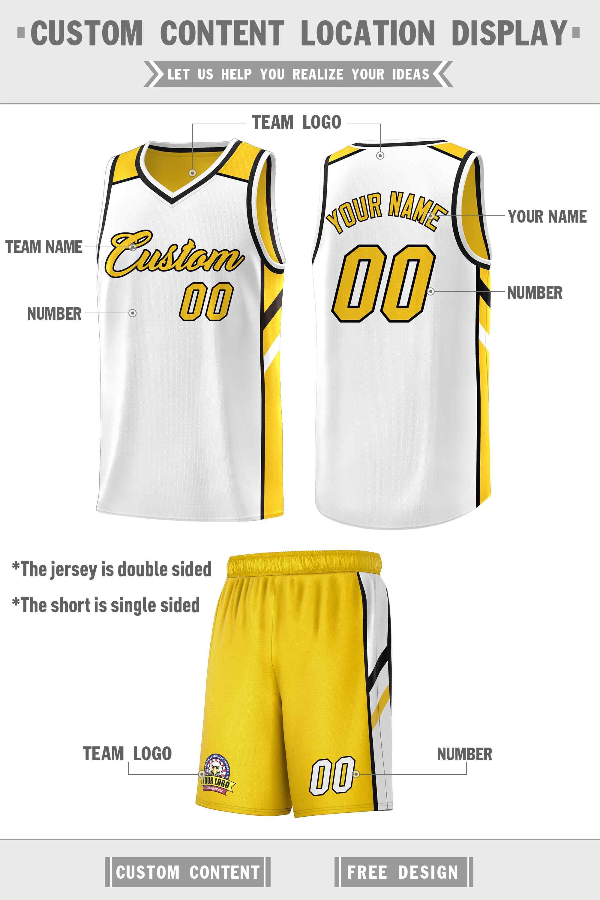 Le double côté blanc jaune fait sur commande place le maillot de basket-ball des hommes