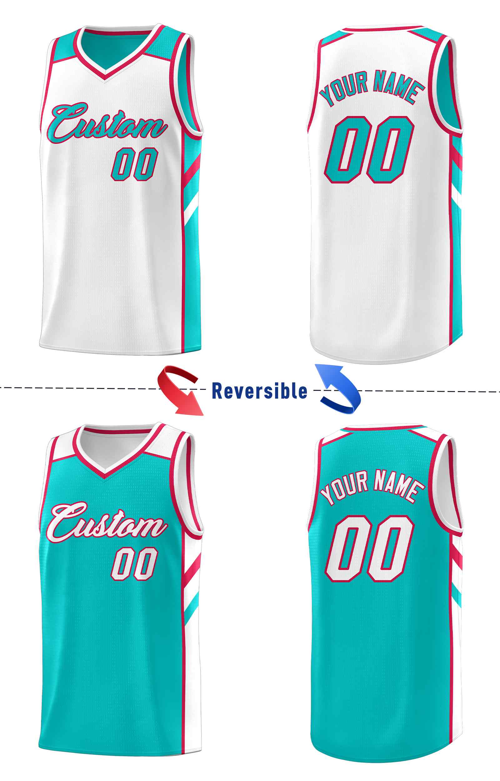 KXK Custom Aqua White Double Side Tops Men/Boy Basketball Jersey