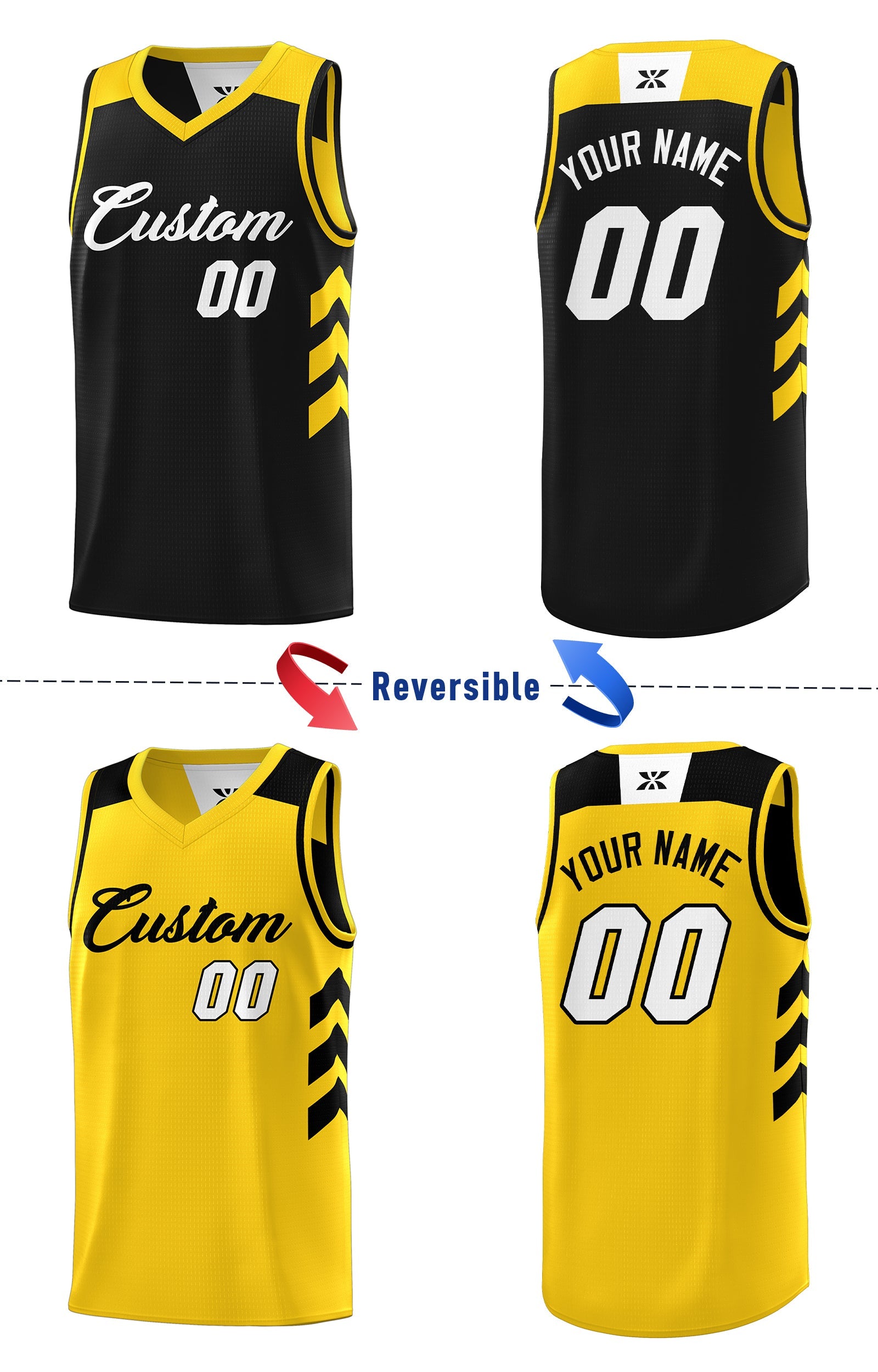 Le double côté jaune noir fait sur commande place le maillot de basket-ball d'hommes