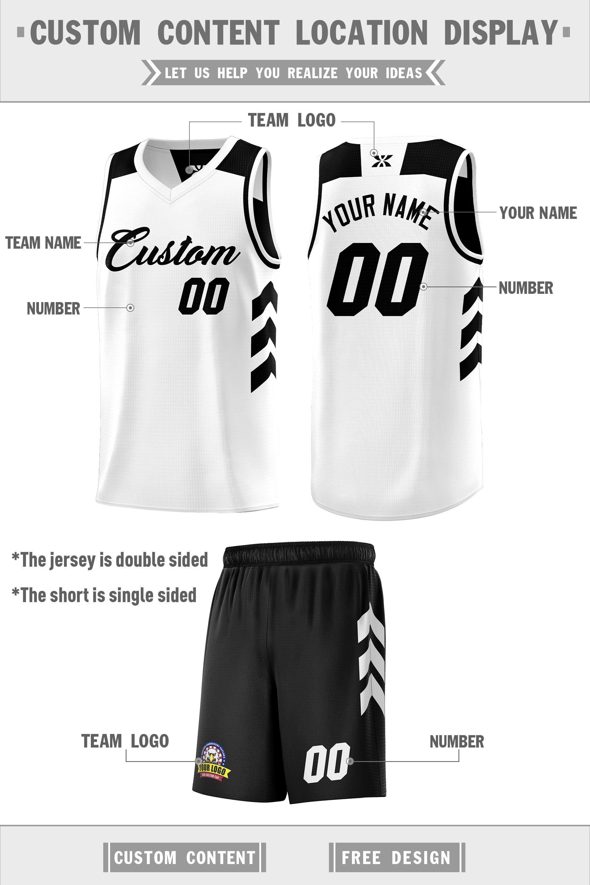 Maillot de basket-ball pour hommes, ensemble Double face noir et blanc personnalisé