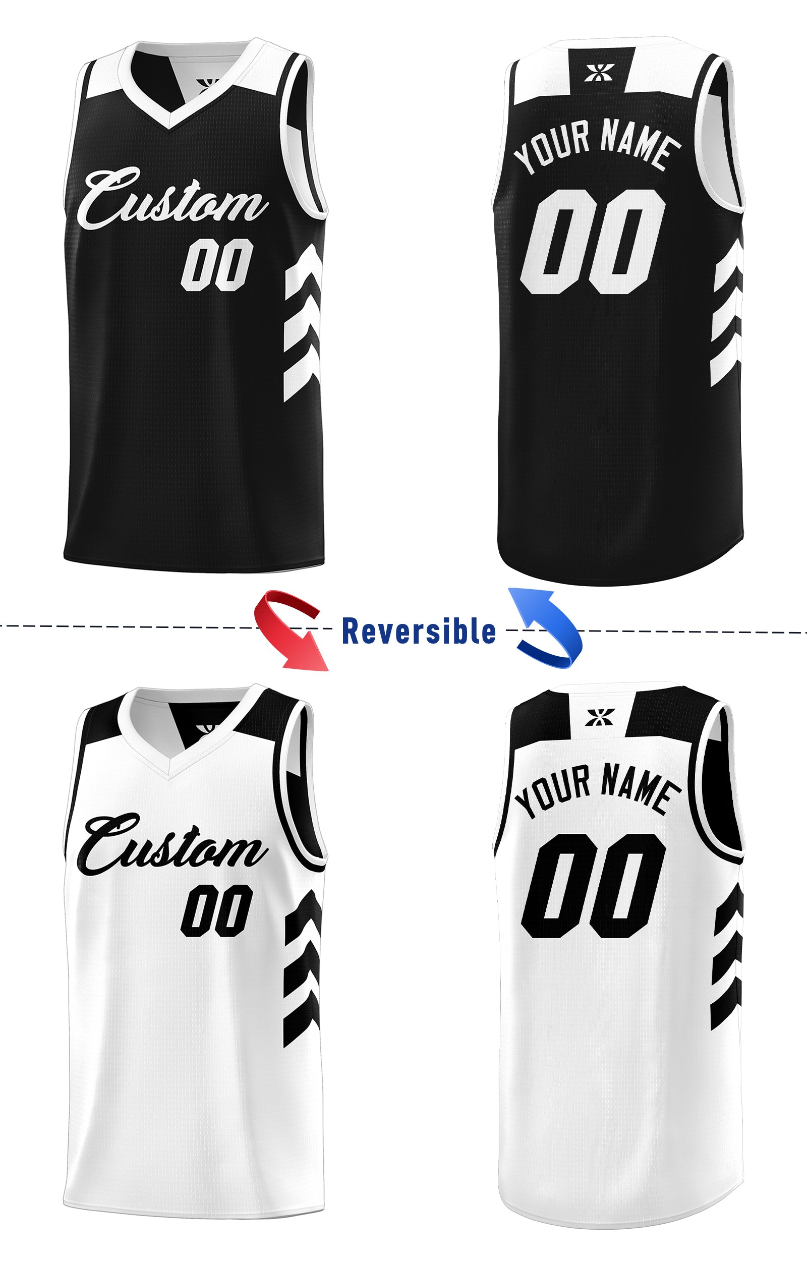 Maillot de basket-ball pour hommes, ensemble Double face noir et blanc personnalisé