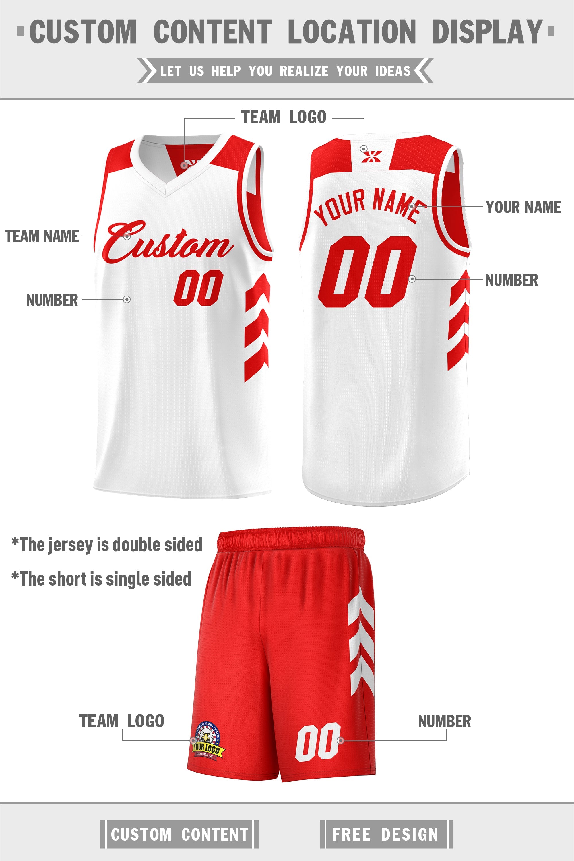 Maillot de basket-ball personnalisé pour hommes, ensemble Double face blanc et rouge