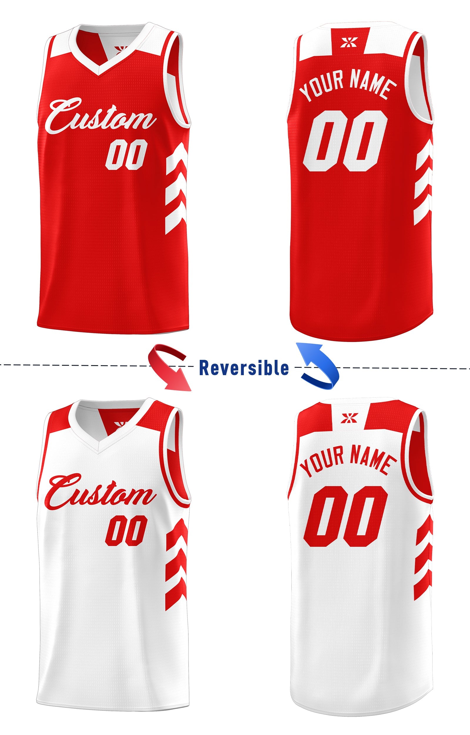 Maillot de basket-ball personnalisé pour hommes, ensemble Double face blanc et rouge