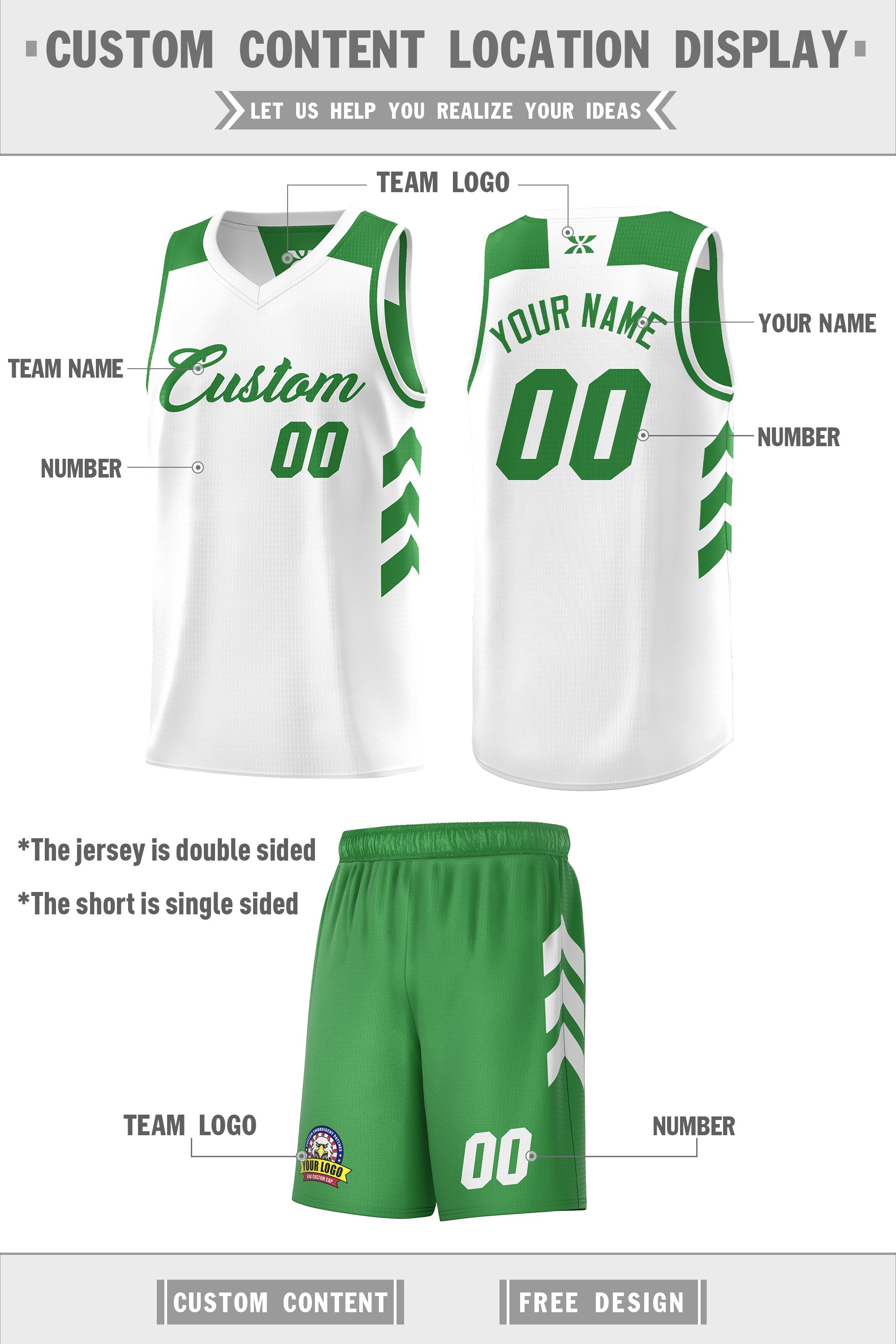 Maillot de basket-ball personnalisé pour hommes, ensemble Double face blanc et vert