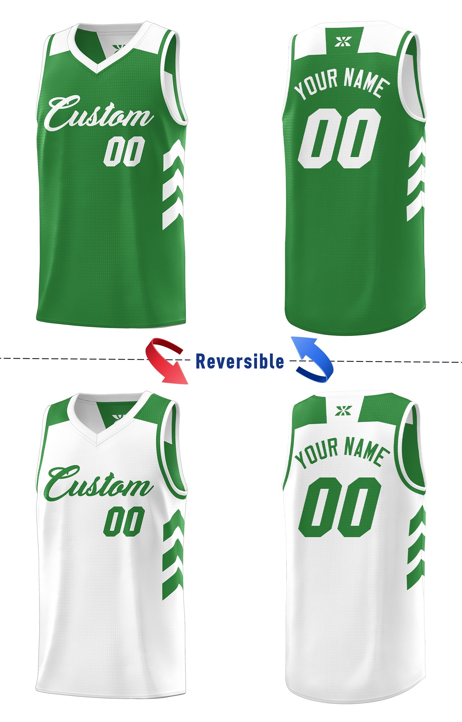 Maillot de basket-ball personnalisé pour hommes, ensemble Double face blanc et vert