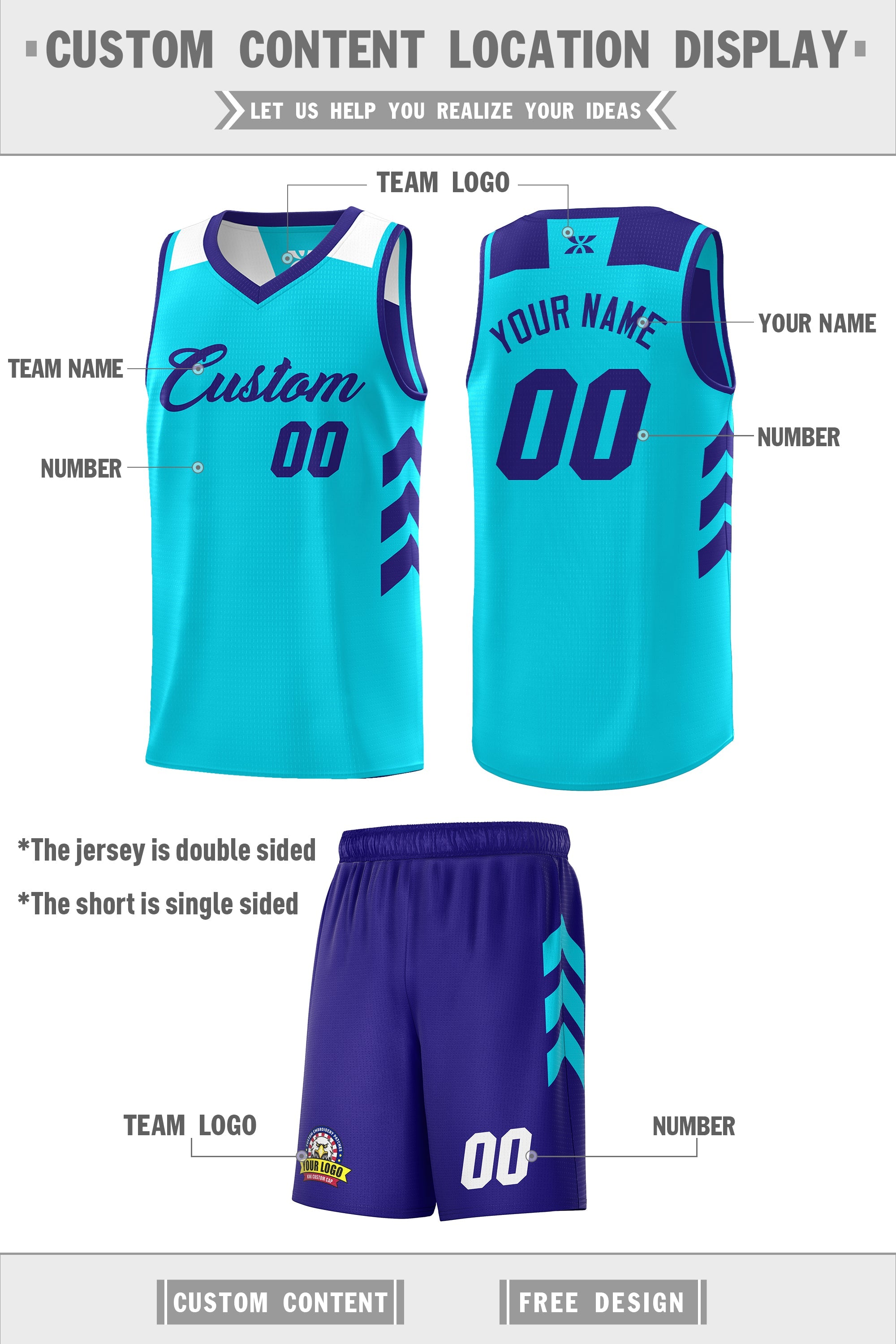 Custom Purple Aqua Double Side Sets Personalized Basketball Jersey