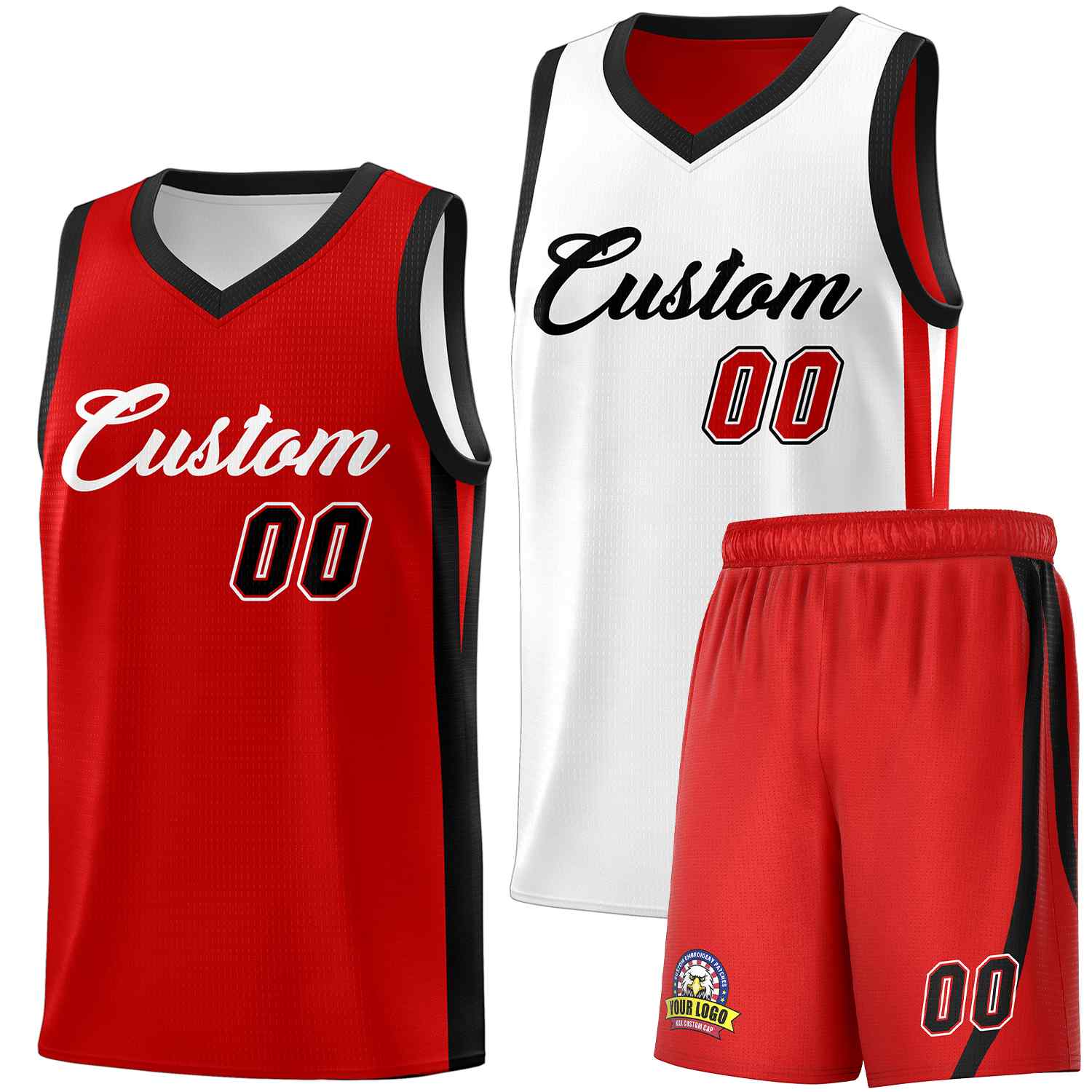 Maillot de basket-ball personnalisé pour hommes, ensemble Double face blanc rouge-noir