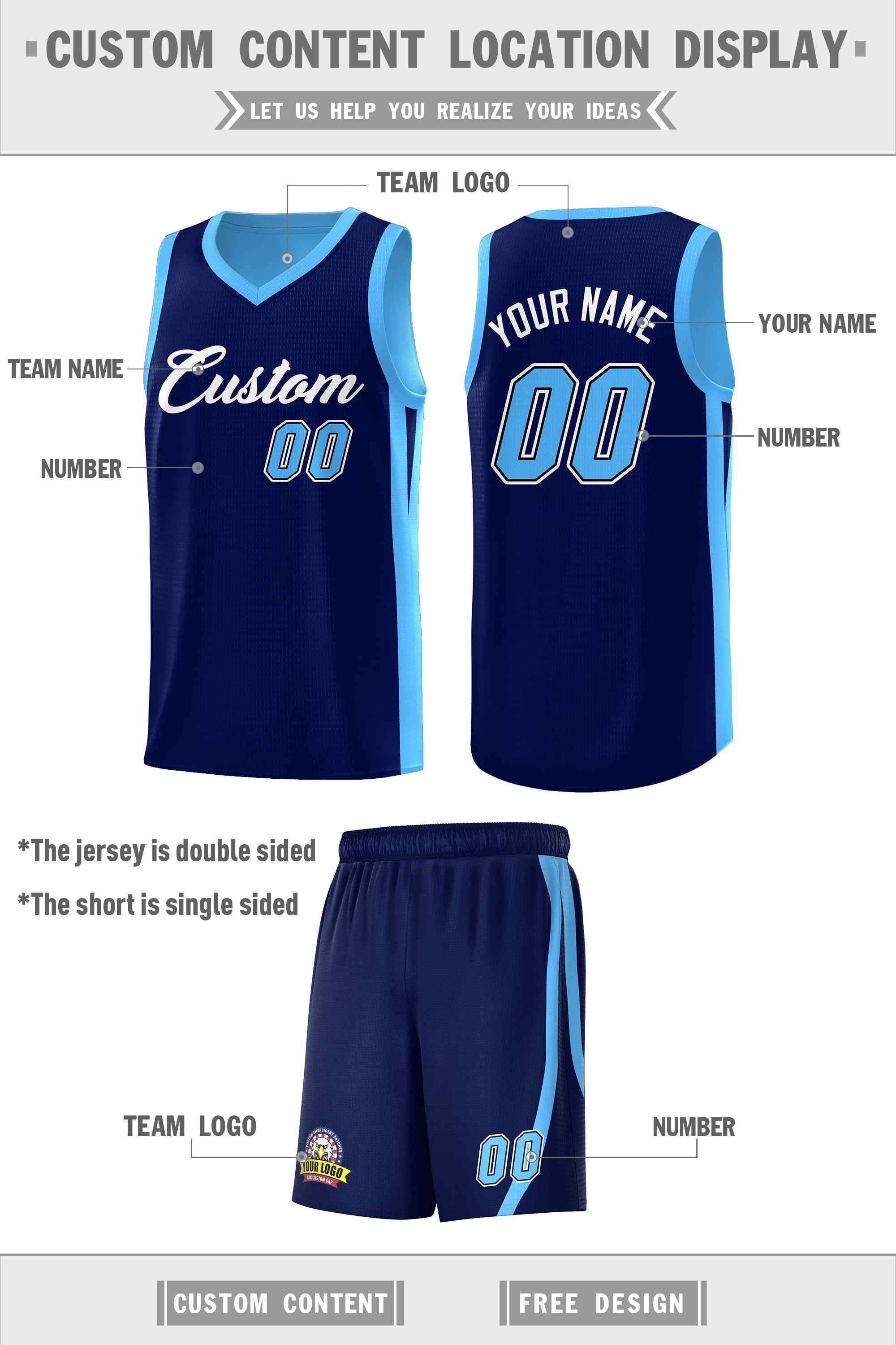 Custom Navy Light Blue Double Side Sets Men Basketball Jersey