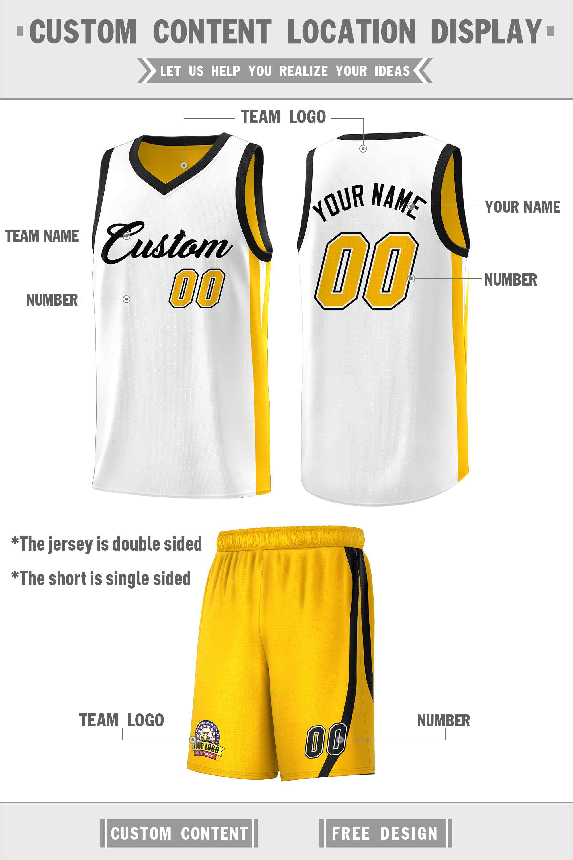 Le double côté jaune blanc fait sur commande place le maillot de basket-ball d'hommes