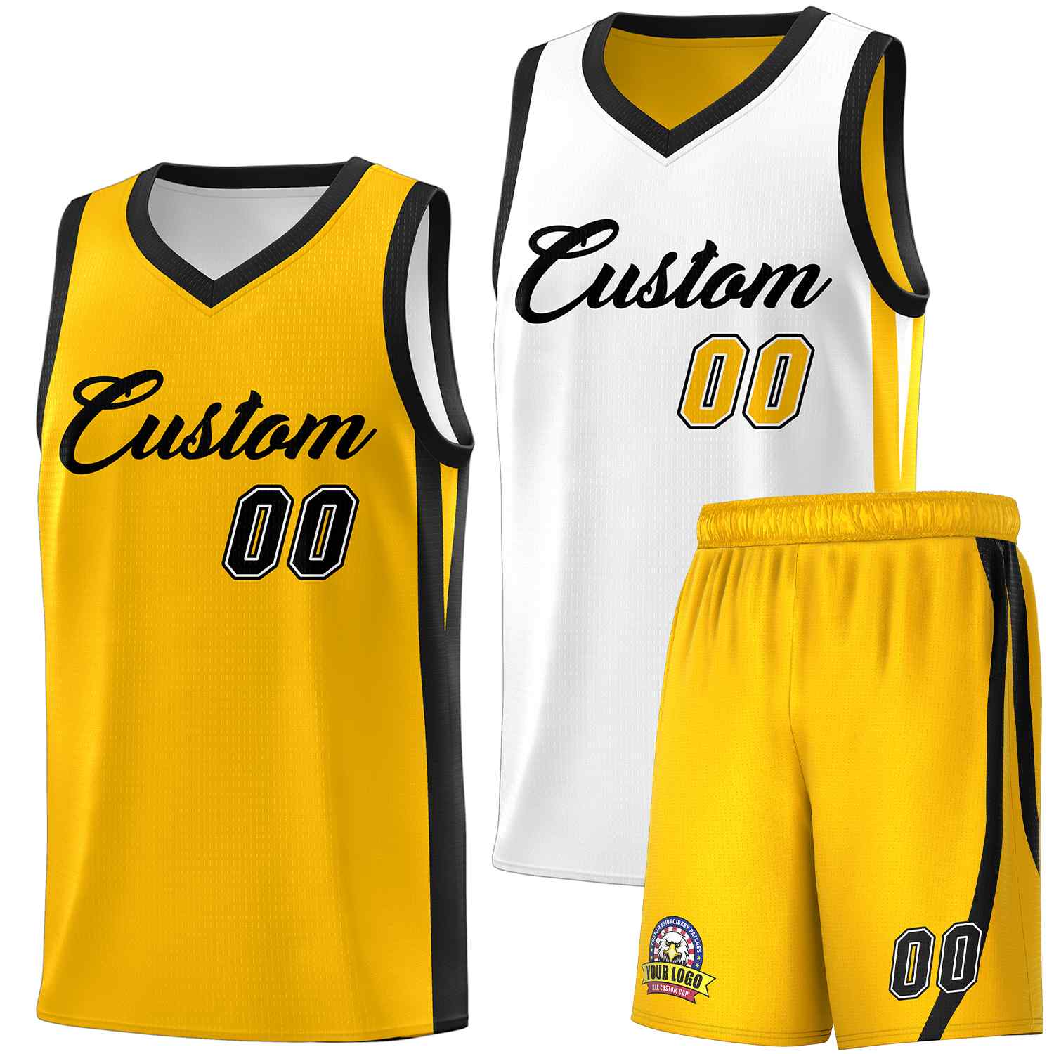 Le double côté jaune blanc fait sur commande place le maillot de basket-ball d'hommes