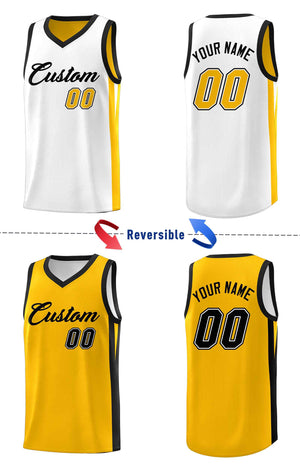 Le double côté jaune blanc fait sur commande place le maillot de basket-ball d'hommes