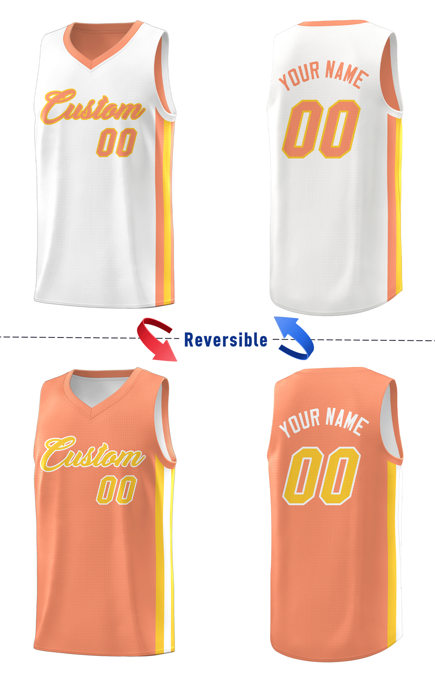 Maillot de basket-ball personnalisé blanc et orange, double face