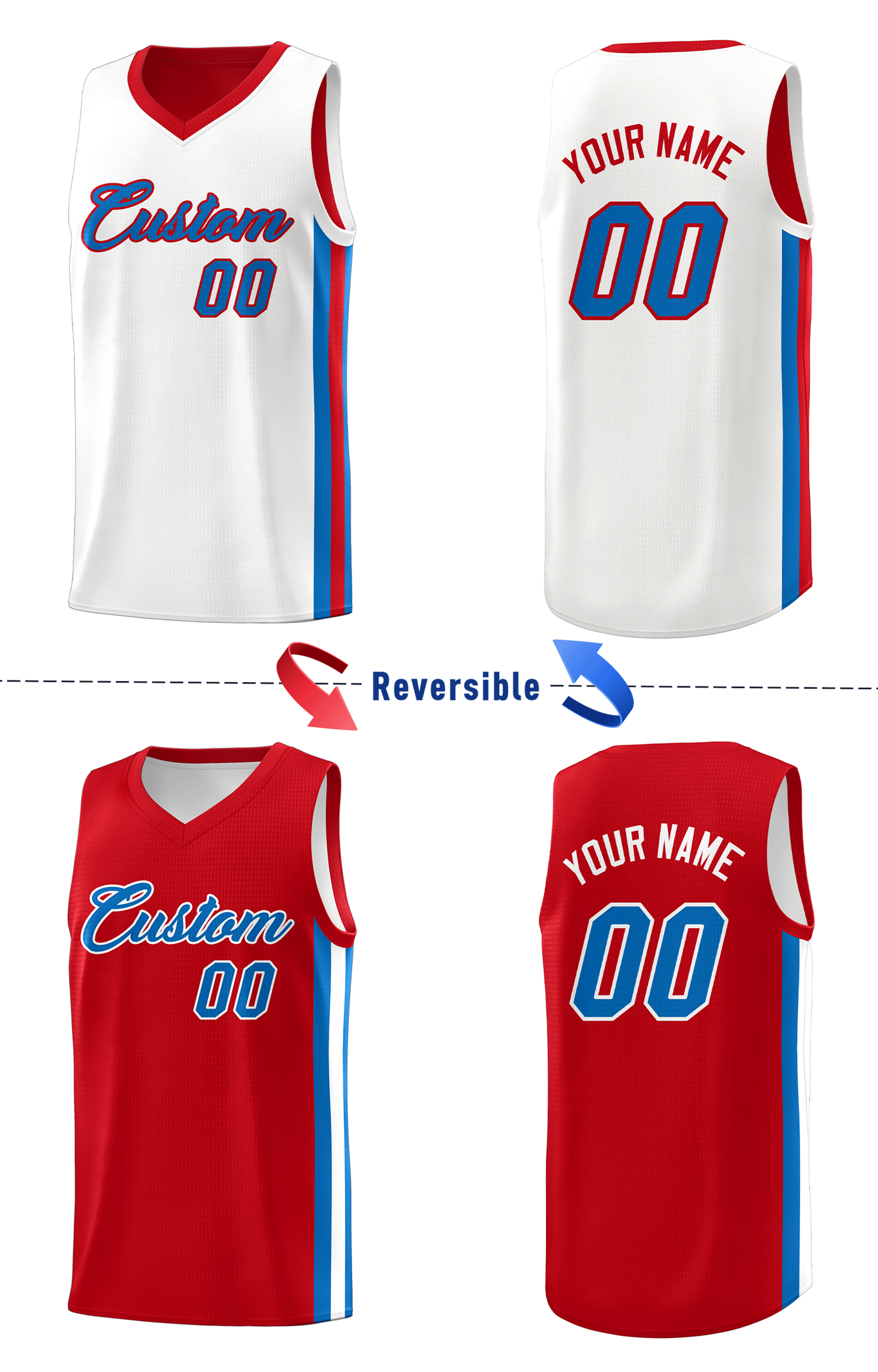 Custom Red White Double Side Tops Basketball Jersey