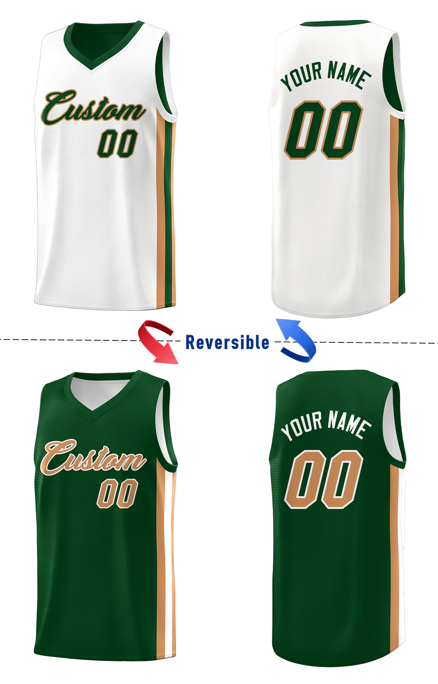 Custom Green White-Khaki Double Side Tops Basketball Jersey