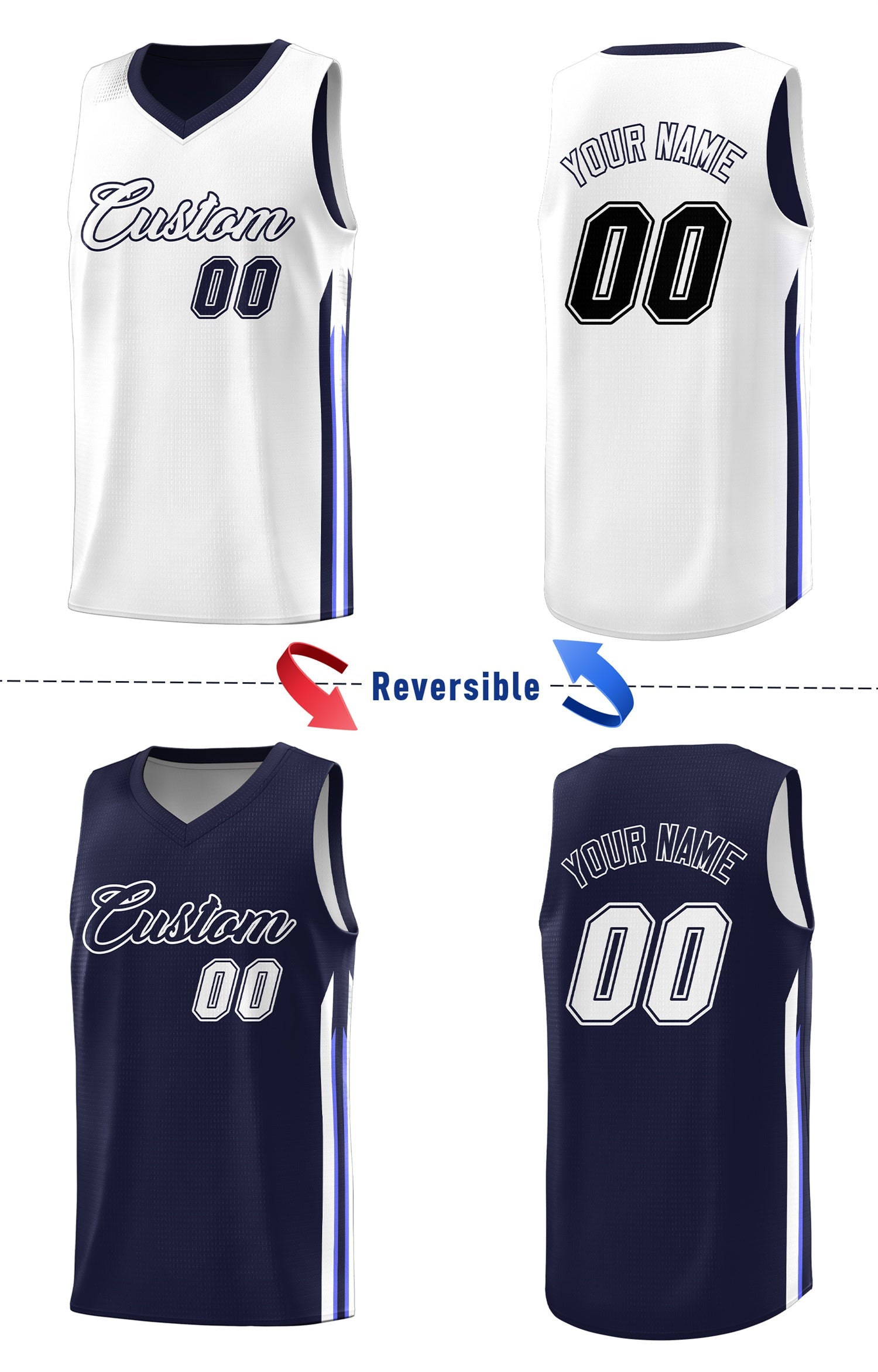 Maillot de basket-ball d'entraînement pour hommes, personnalisé, blanc marine, Double face, hauts