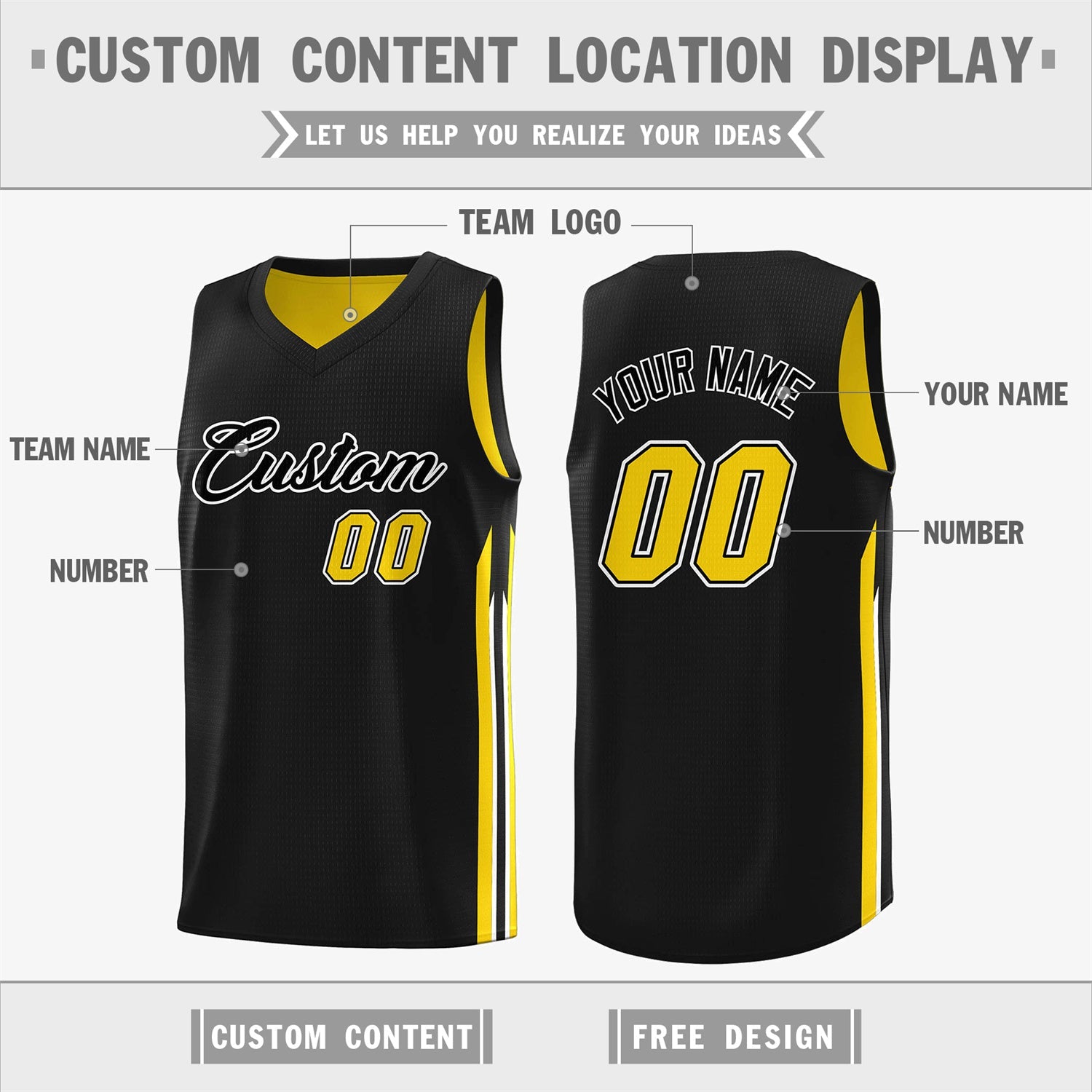 Custom Black Yellow Double Side Tops Men Training Basketball Jersey