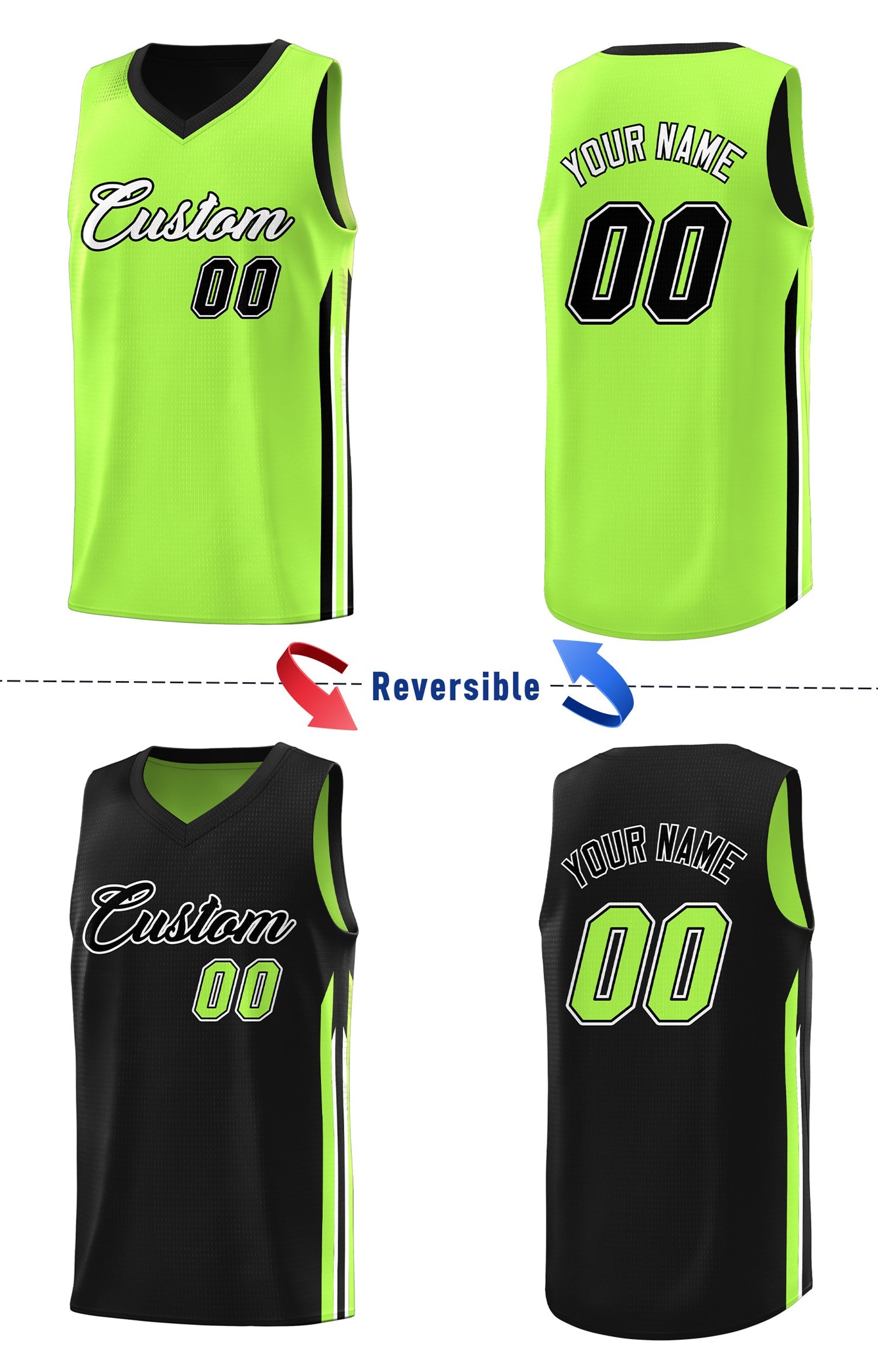 Maillot de basket-ball d'entraînement pour hommes, personnalisé, noir, vert, Double face, hauts