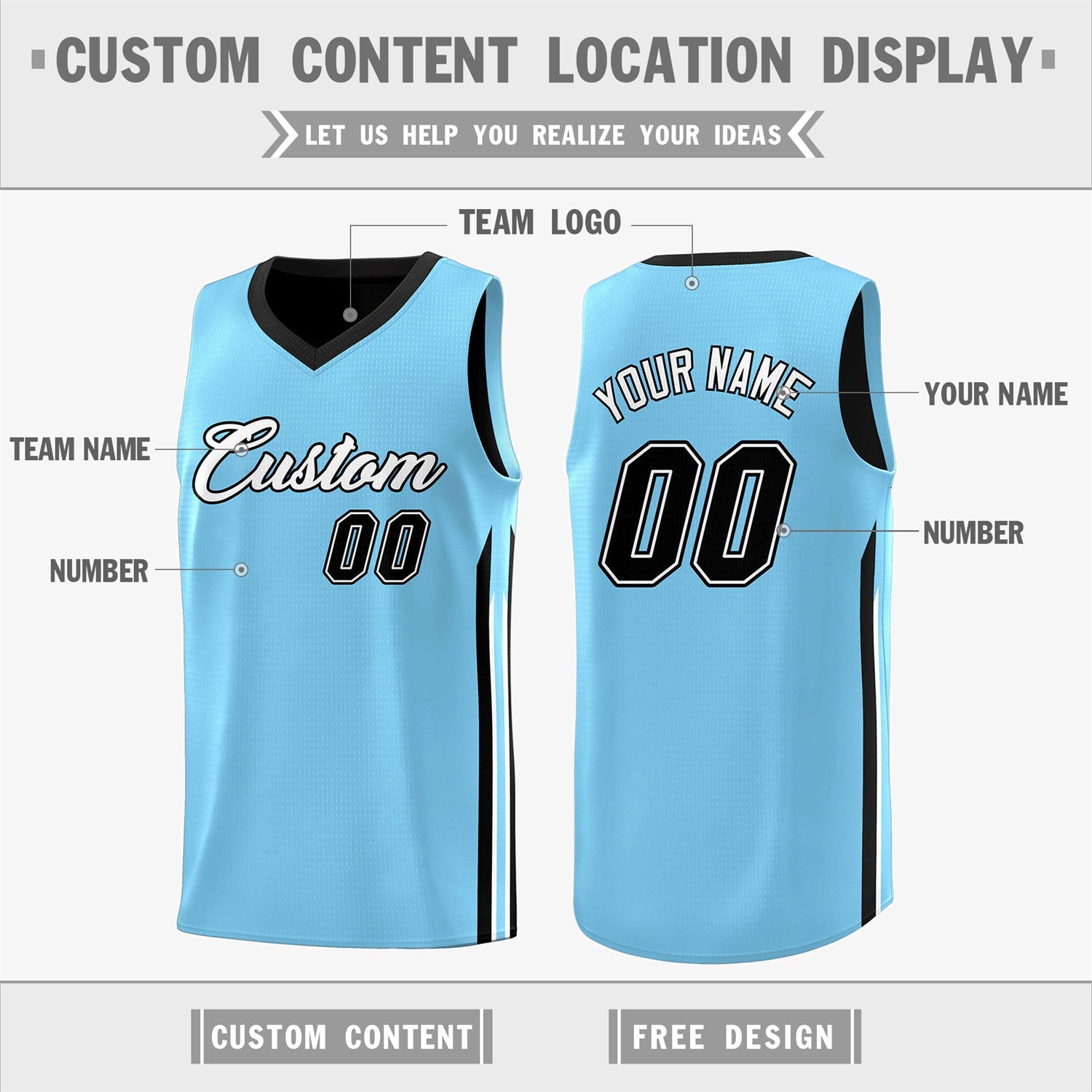 Custom Black Light Blue Double Side Tops Training Basketball Jersey