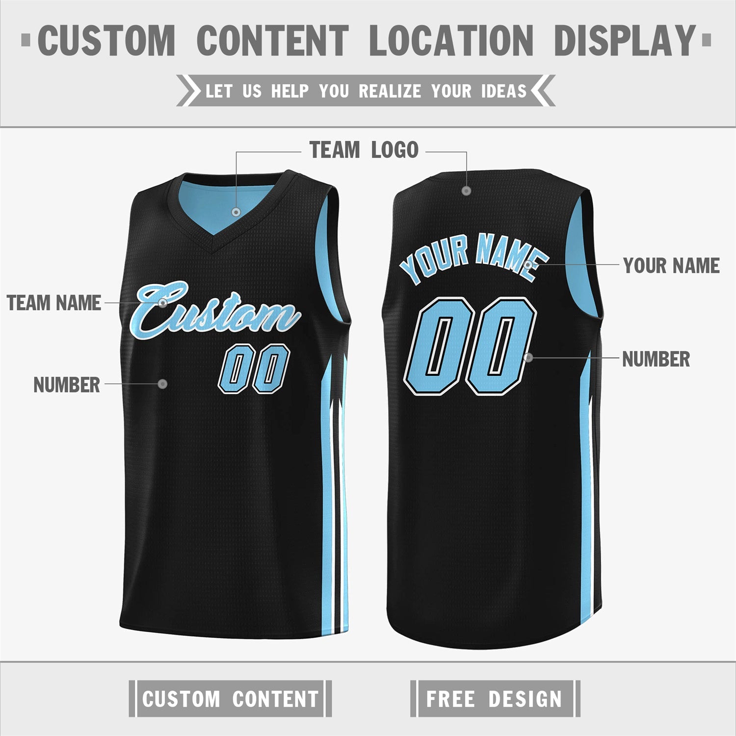 Custom Black Light Blue Double Side Tops Training Basketball Jersey