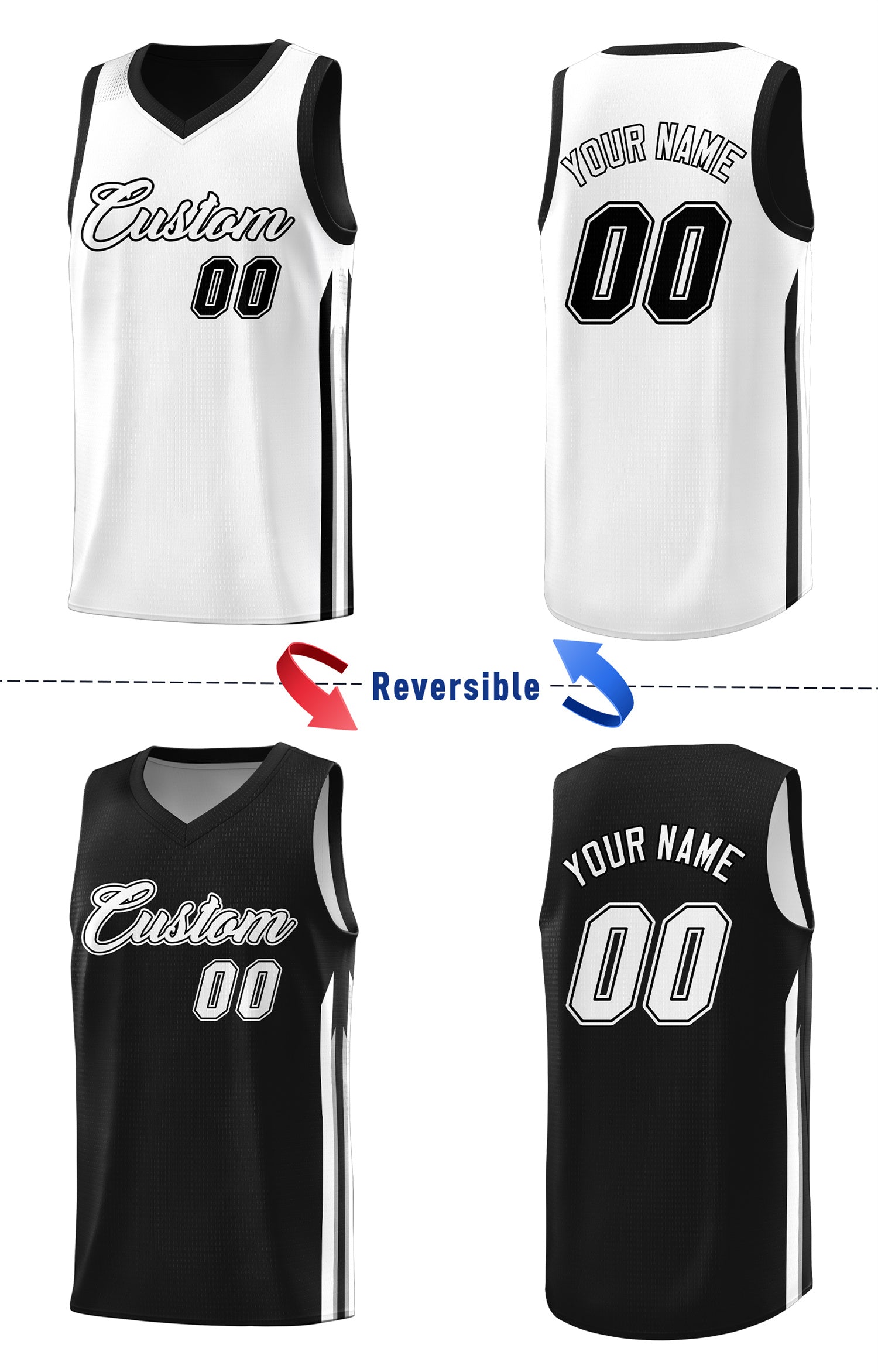 Maillot de basket-ball d'entraînement pour hommes, personnalisé, noir et blanc, Double face, hauts