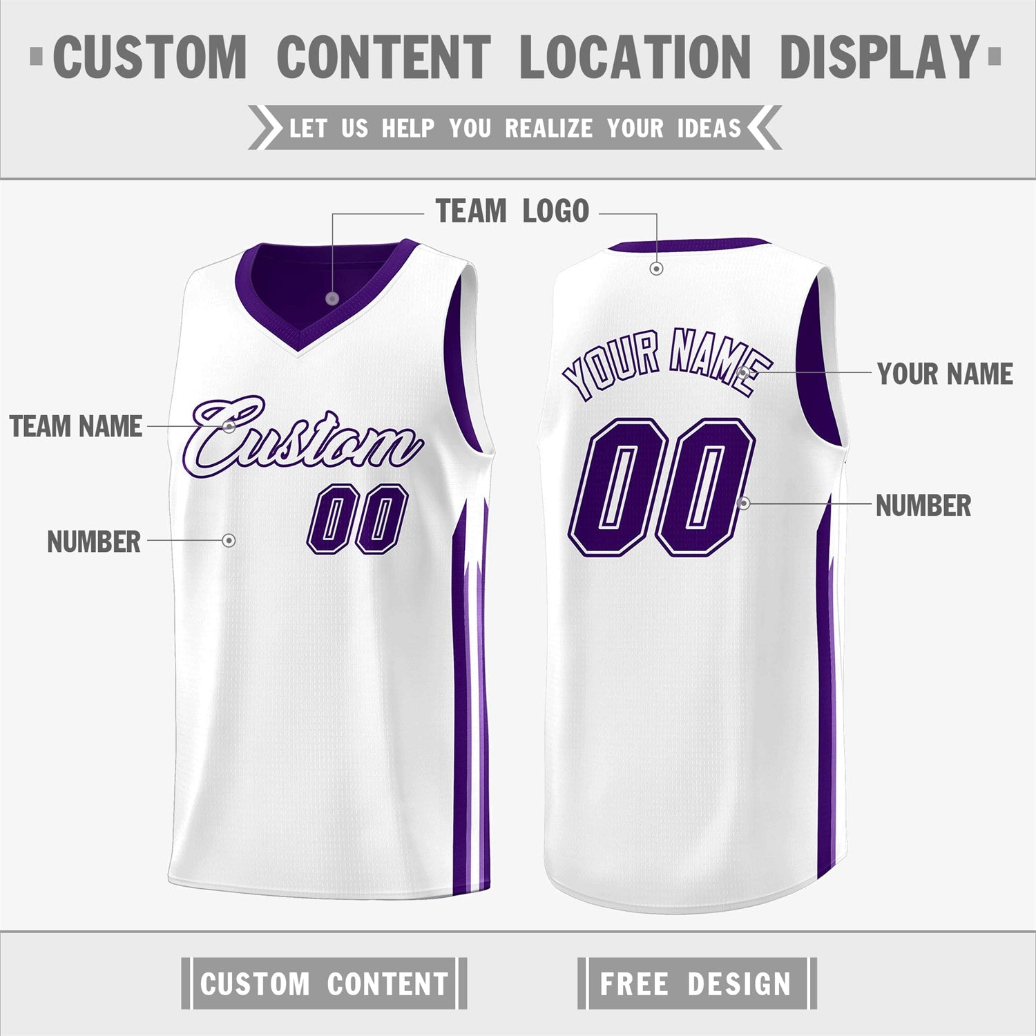 Maillot de basket-ball d'entraînement pour hommes, personnalisé, violet, blanc, Double face, hauts