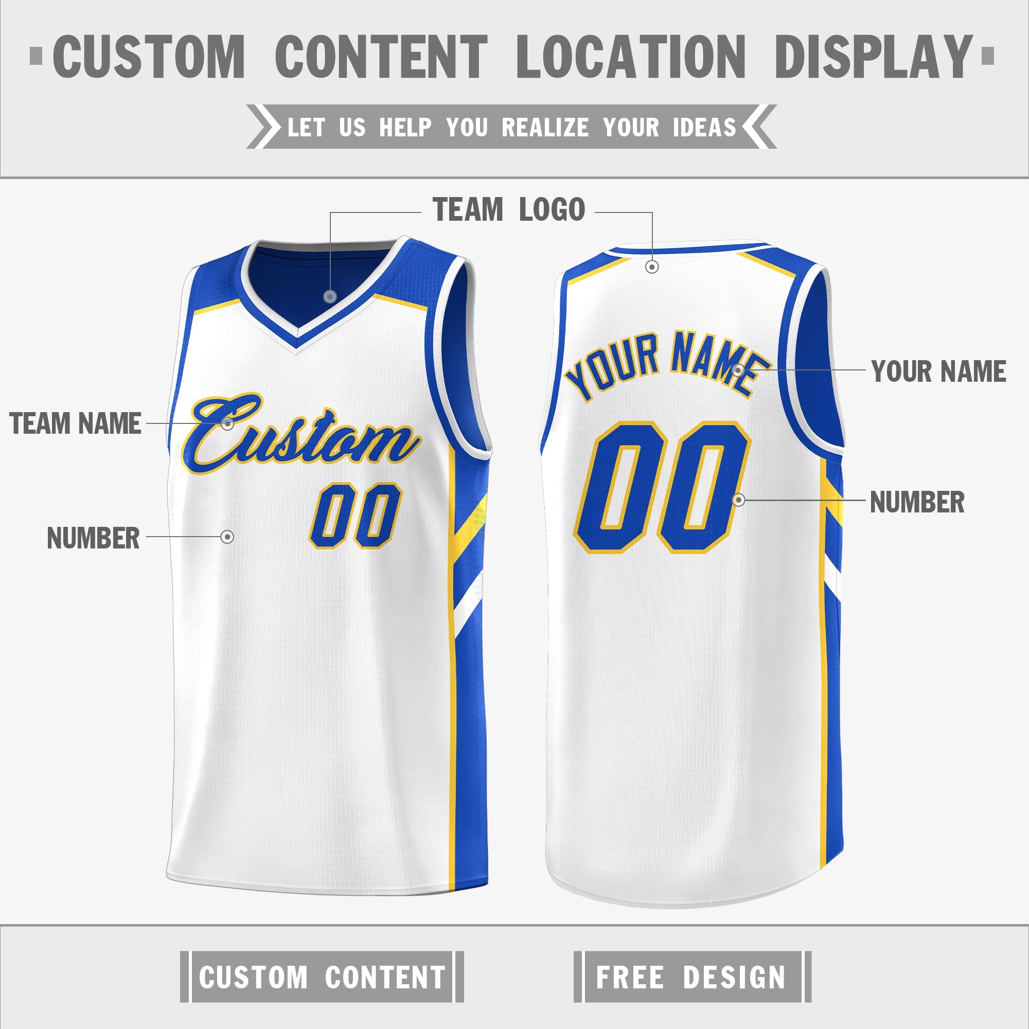 Custom Royal White-Yellow Double Side Tops Fashion Basketball Jersey