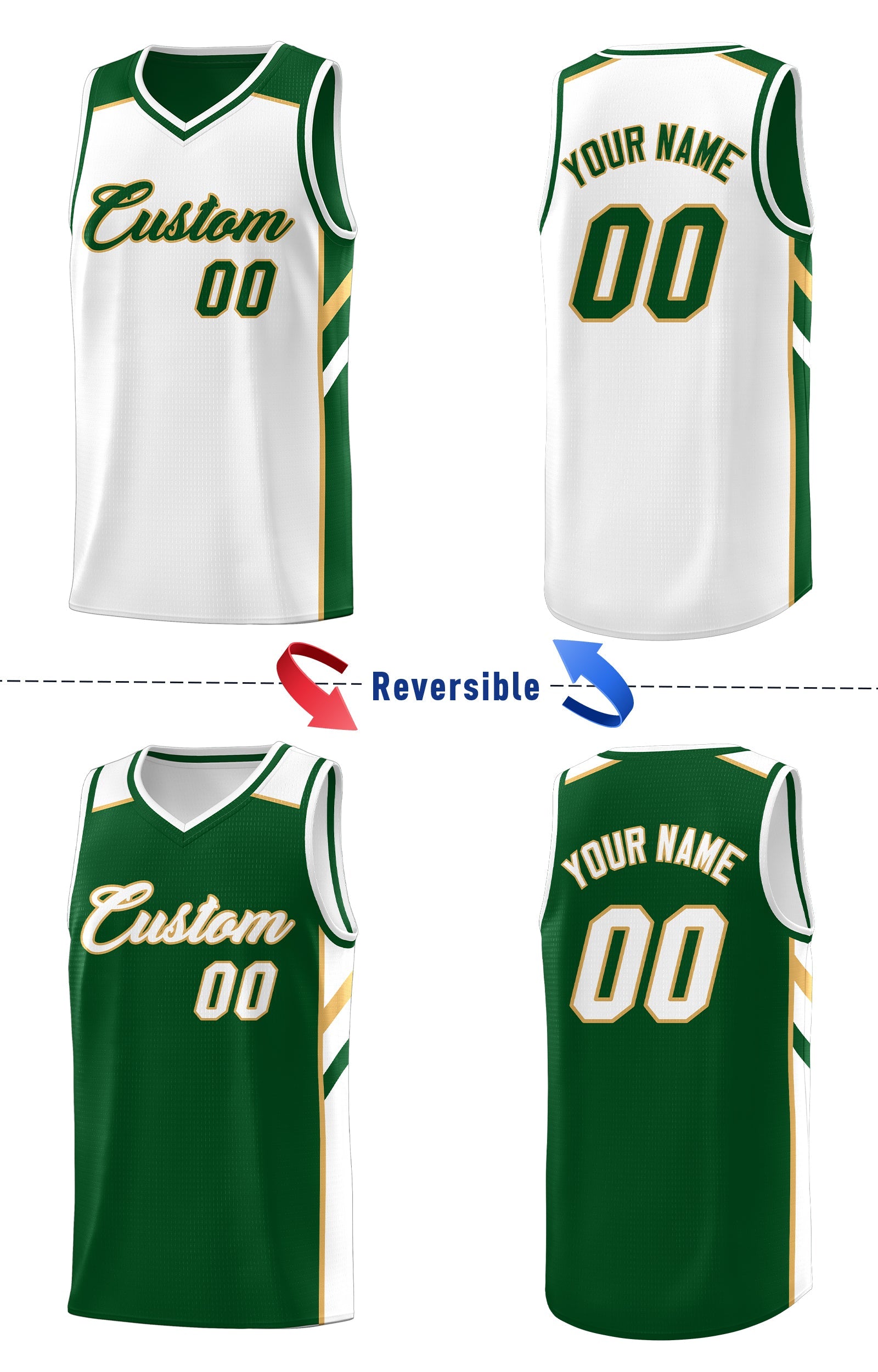 Maillot de basket-ball décontracté, personnalisé, vert et blanc, hauts double face