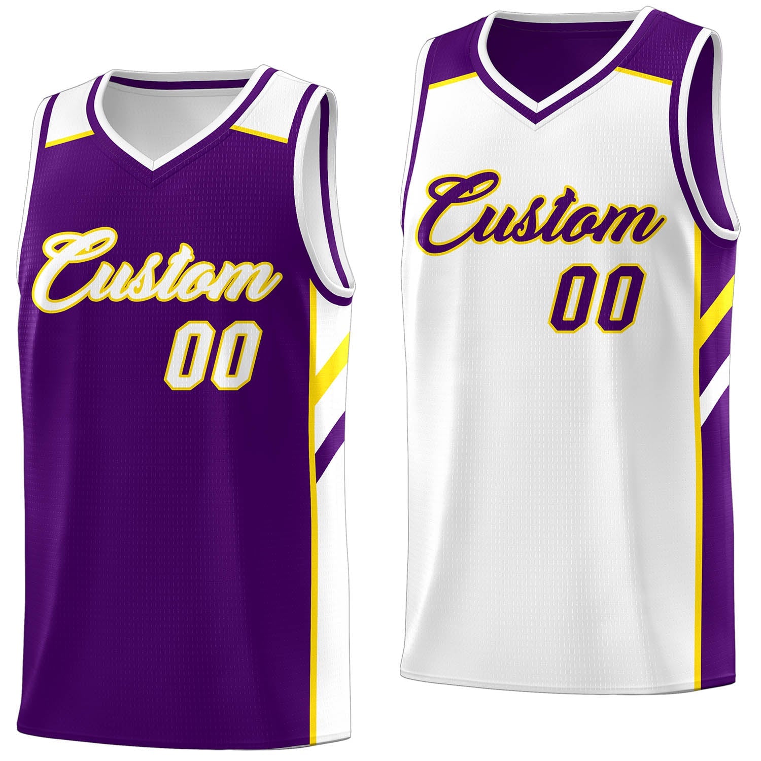 Maillot de basket-ball décontracté personnalisé, violet, blanc et jaune, hauts double face