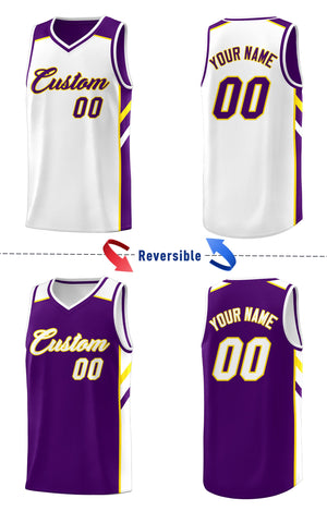 Maillot de basket-ball décontracté personnalisé, violet, blanc et jaune, hauts double face